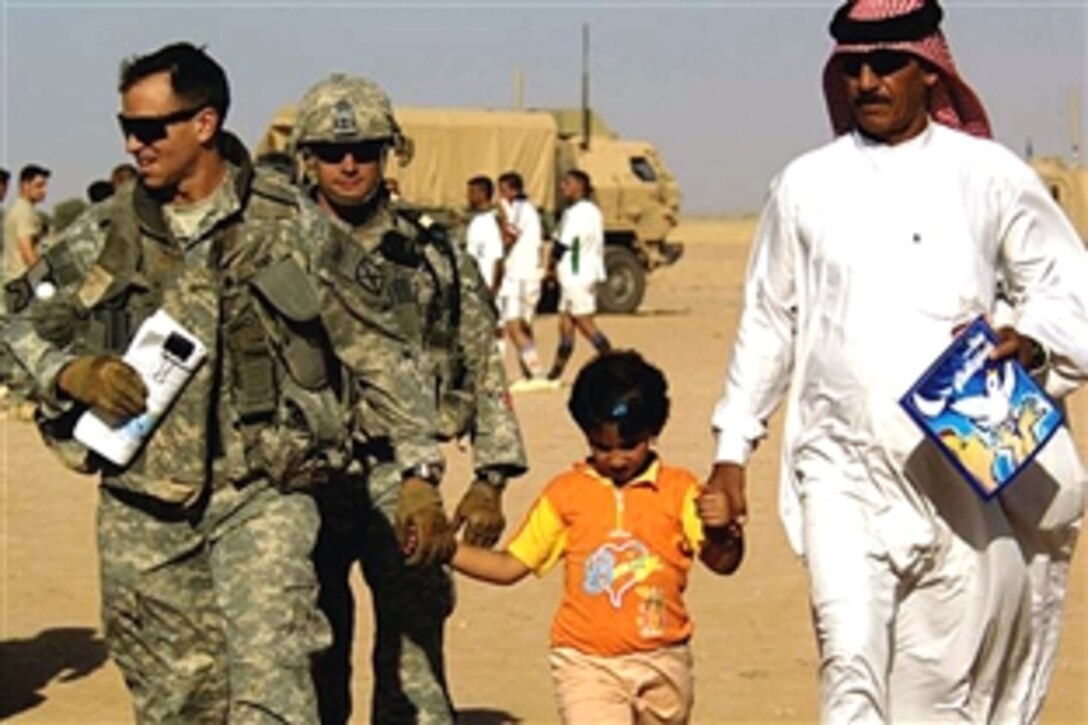 U.S. Army Lt. Col. Christopher S. Vanek, the 10th Mountain Division's 1st Battalion, 87th Infantry Regiment commander, walks hand in hand with Sheik Kamel and his daughter before a soccer game between coalition forces and Iraqi citizens from Mahus village, Iraq, June 5, 2008.  
