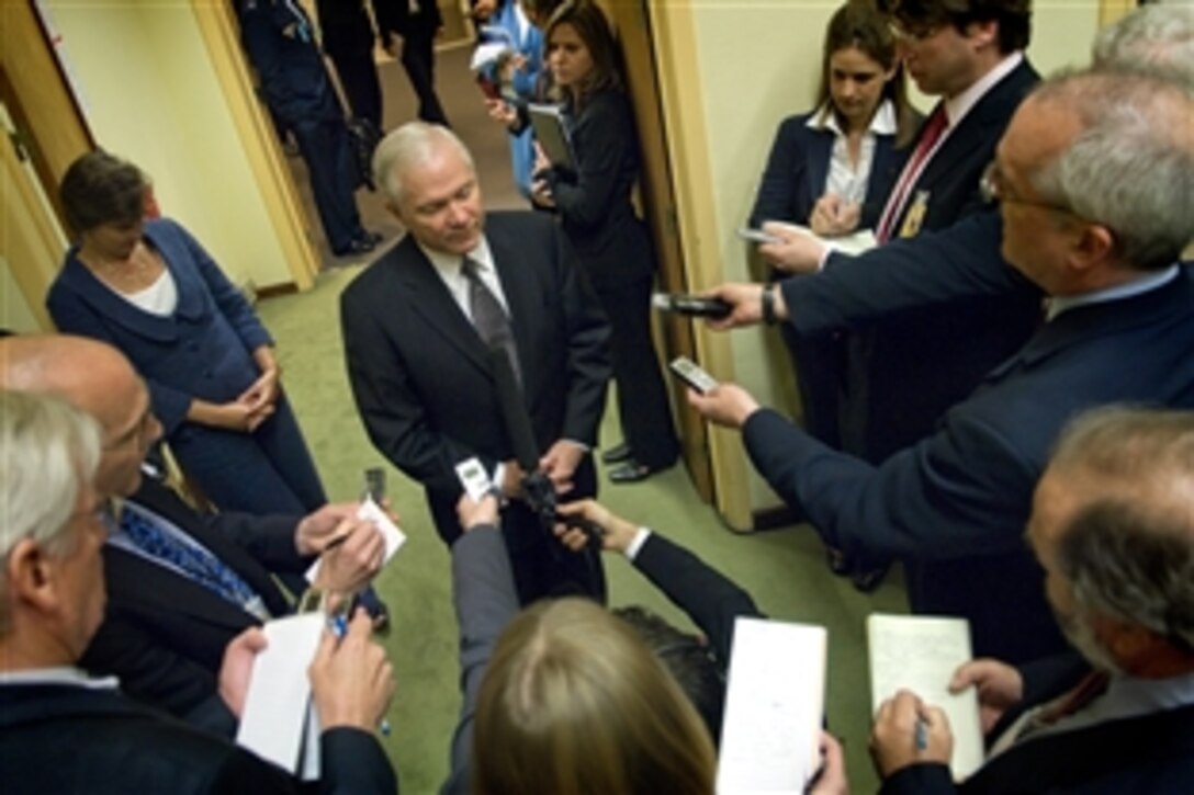 U.S. Defense Secretary Robert M. Gates speaks with members of the press following a day of meetings at NATO headquarters in Brussels, Belgium, June 12, 2008. 