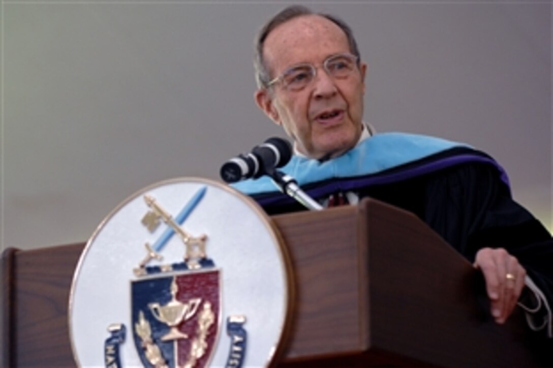 Former Defense Secretary William J. Perry speaks during the National Defense University graduation at Fort Lesley J. McNair in Washington, D.C., June 12, 2008. Perry received an honorary doctorate from the university for his years of support for the institution. 