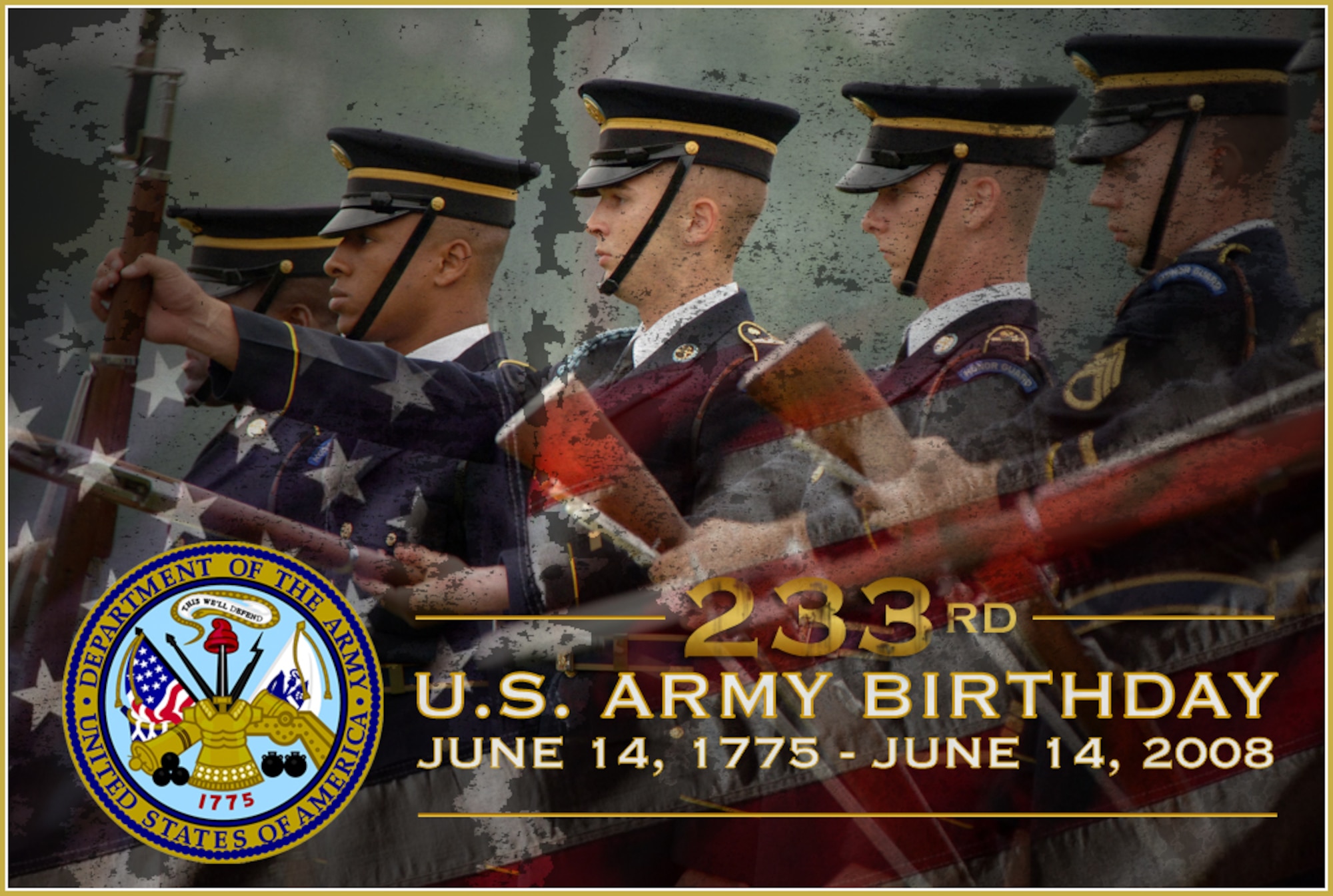 Since its birth on June 14, 1775, more than a year before the Declaration of Independence was signed, the U.S. Army has played a vital role in the growth and development of America. Soldiers have fought more than 10 wars, from the American Revolution through the Cold War, the Gulf War, to the current war on terrorism. This 233nd birthday is a recognition of the Army's history, traditions and service to the nation, a call to duty, 233 years of service to the nation. (U.S. Air Force illustration/James Borland)