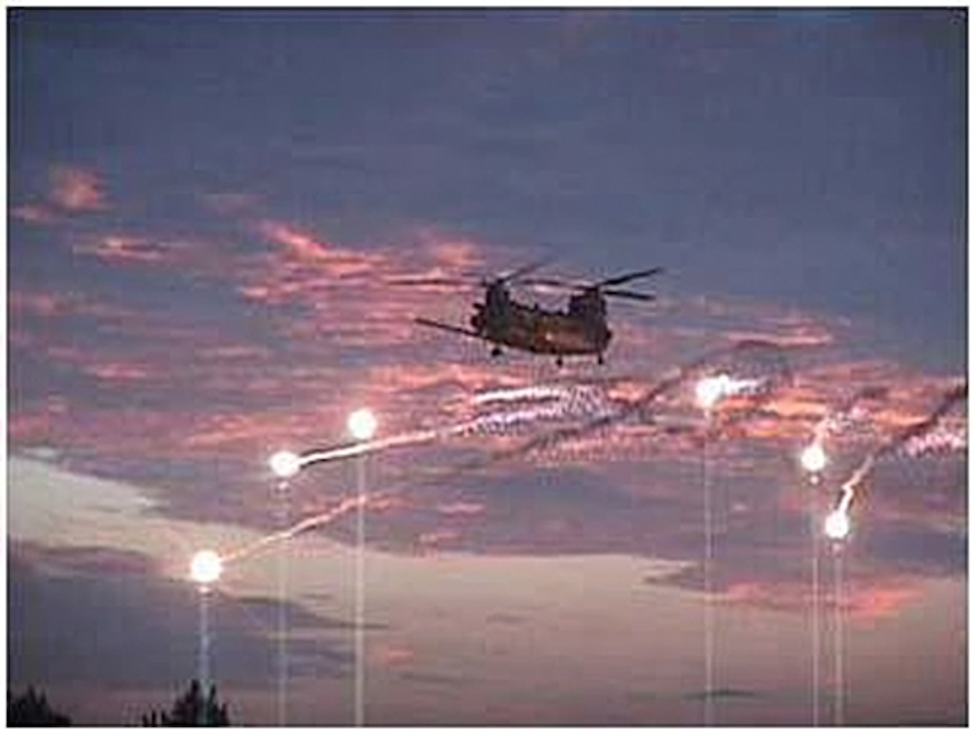 A CH-47 Chinook activating infrared countermeasures flares. (Courtesy photo)