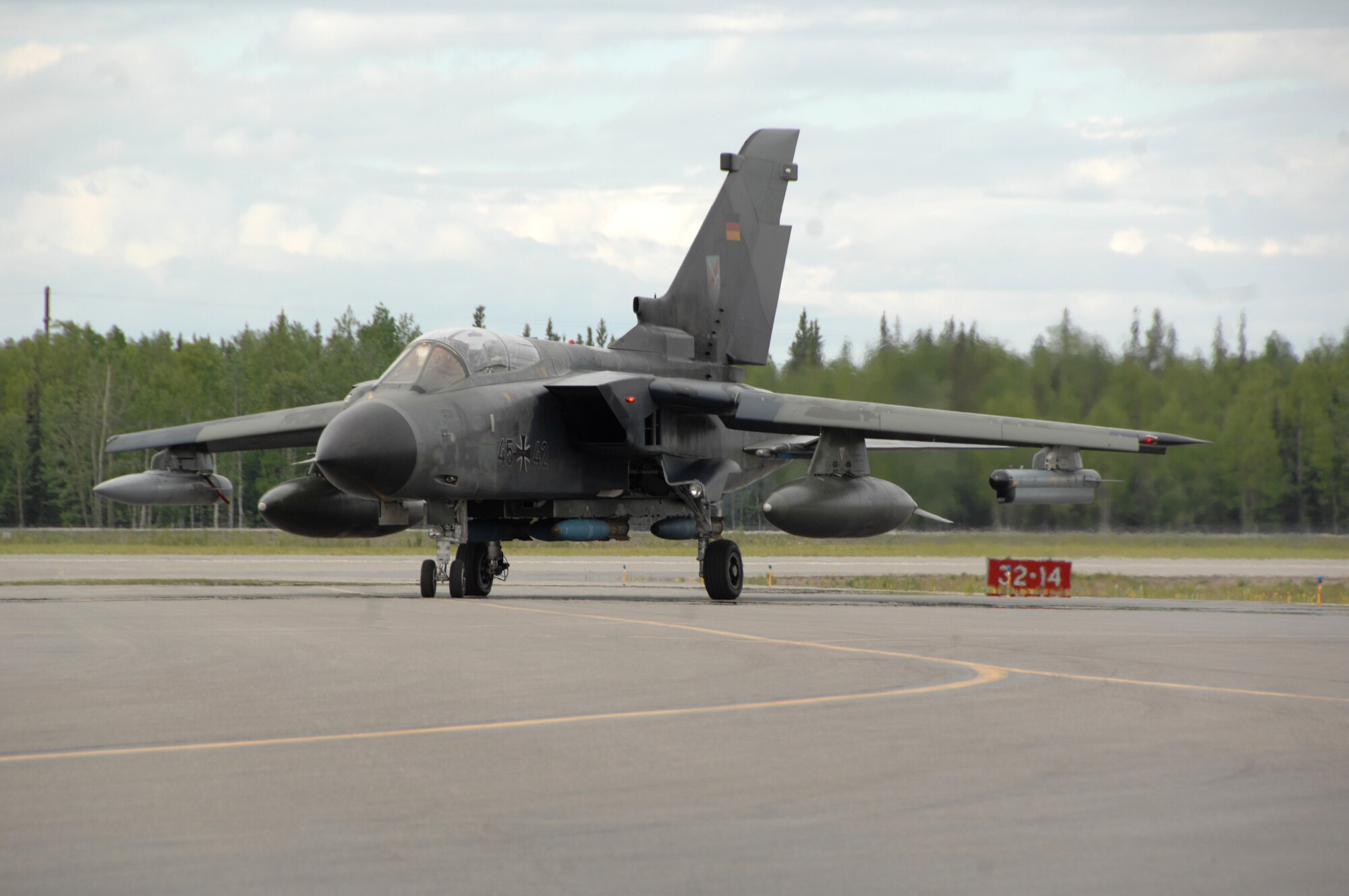 A German Tornado taxis down the flightline during RED FLAG-Alaska 08-3 June 12, 2008.  RF-A is a series of Pacific Air Forces commander-directed field training exercises for U.S. forces, providing joint offensive counter-air, interdiction, close air support, and large force employment training in a simulated combat environment.  (U.S. Air Force photo/Staff Sgt. Tia Schroeder)