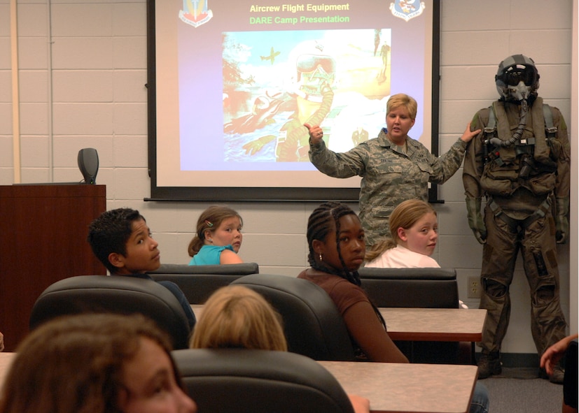 MOODY AIR FORCE BASE, Ga. -- Tech. Sgt. Sonya Couture, 23rd Operations Support Squadron, aircrew flight equipment lead instructor, explains to Lowndes County Sheriff's Office Drug Abuse Resistance Education camp participants the importance for Air Force pilots to be properly equipped during missions here June 11. Sergeant Couture taught the participants about the basic equipment pilots use with battle ready manikins placed through out the room. (U.S. Air Force photo by Airman Joshua Green) 