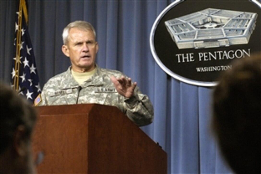 U.S. Army Gen. Dan K. McNeill, former commander of the NATO International Security Assistance Force, Afghanistan, holds a press briefing at the Pentagon, June 13, 2008, to offer personal insight into how he views the progress in Afghanistan.  