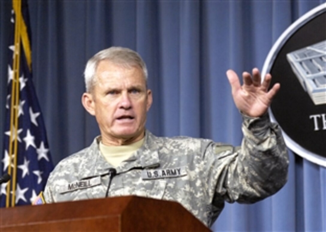 U.S. Army Gen. Dan K. McNeill, former commander of the NATO International Security Assistance Command, Afghanistan, briefs reporters at the Pentagon, June 13, 2008.  