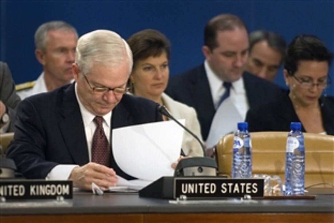 U.S. Defense Secretary Robert M. Gates attends a North Atlantic Council meeting during the NATO Defense Ministerial in Brussels, Belgium, June 13, 2008.  