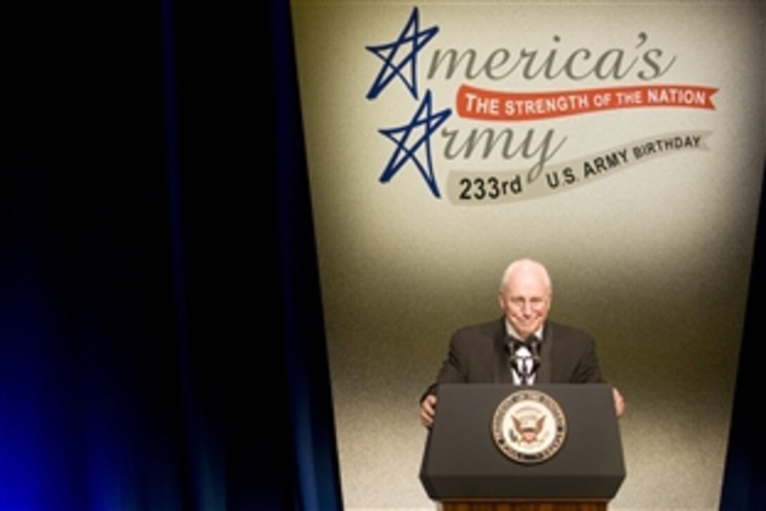 Vice President Dick Cheney delivers the keynote address at the 2008 Army Birthday Ball in Washington D.C., June 14, 2008. The U.S. Army celebrated its 233rd birthday with festivities held around the world.
