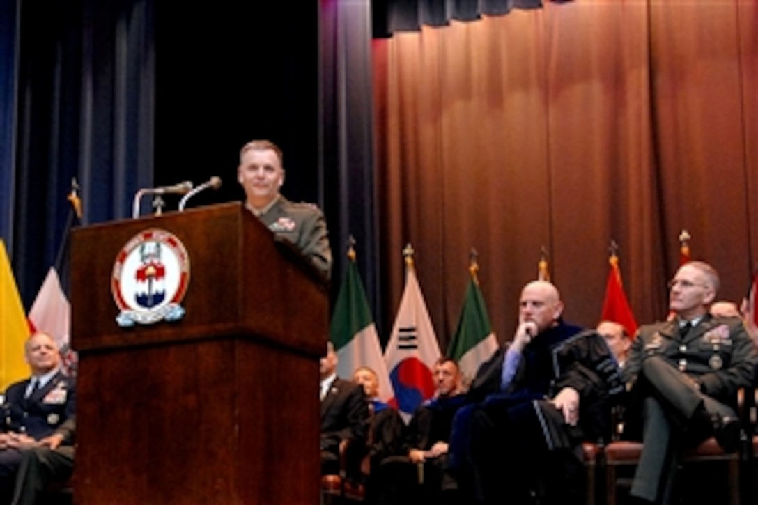 Vice Chairman of the Joint Chiefs of Staff Marine Gen. James E. Cartwright speaks at the Joint Forces Staff College graduation in Norfolk, Va. June 13, 2008. Cartwright told the graduates their education would be critical as they move on to leadership positions.