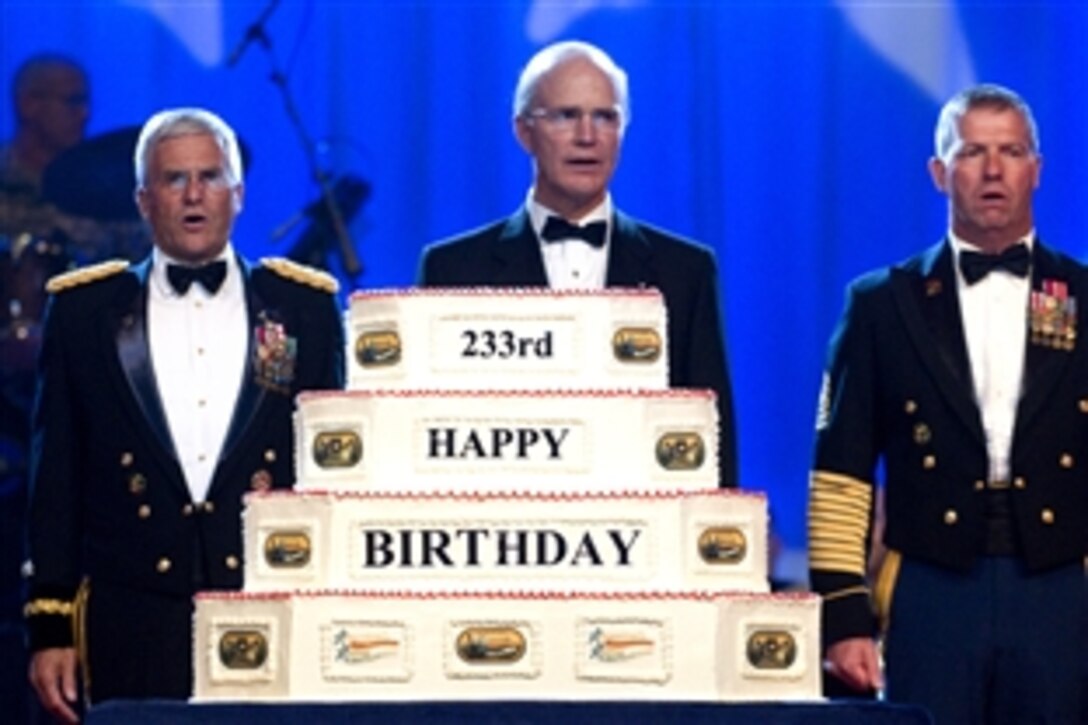 From left: Army Chief of Staff Gen. George Casey,  Army Secretary Pete Geren and the Sgt. Maj. of the Army Kenneth Preston sing the Army song before cutting the Army's birthday cake at the 2008 Army Birthday Ball in Washington D.C., June 14, 2008. The United States Army turned 233 years old and marked the occasion with celebrations around the world.  