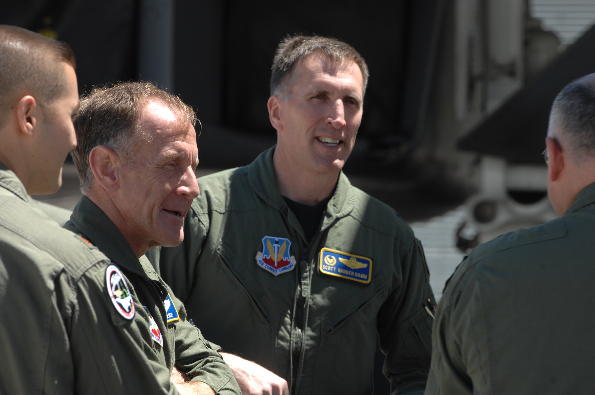 (Second from left) Lt. Gen. Norman Seip, 12th Air Force commander, and Col. Scott Vander Hamm, 28th Bomb Wing commander, discuss B-1 Sniper Pod status with members of the Sniper Pod integration team here June 14. General Seip was able to examine the pod after touring several training sites involved in the 2008 Golden Coyote exercise. (U.S. Air Force photo/Airman Corey Hook)








