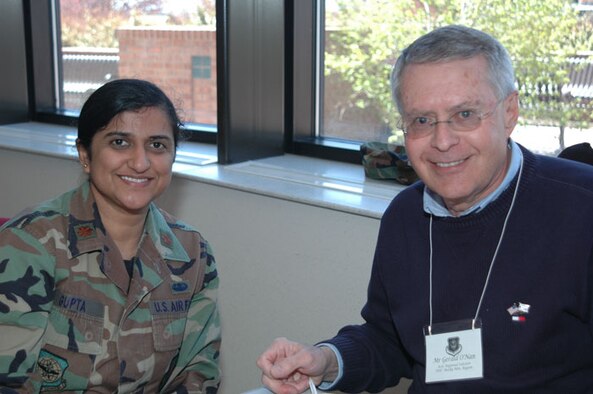 Maj. Ratna C Gupta, Judge Advocate General for the 302nd Airlift Wing at Peterson Air Force Base, Colo. joins her employer, Mr. Gerald O'Nan, Assistant Regional Solicitor for the U.S. Department of Interior for a luncheon during the May UTA in honor of employers of Citizen Airmen and Colorado reservists. (U.S. Air Force Photo by/ Ann Skarban)