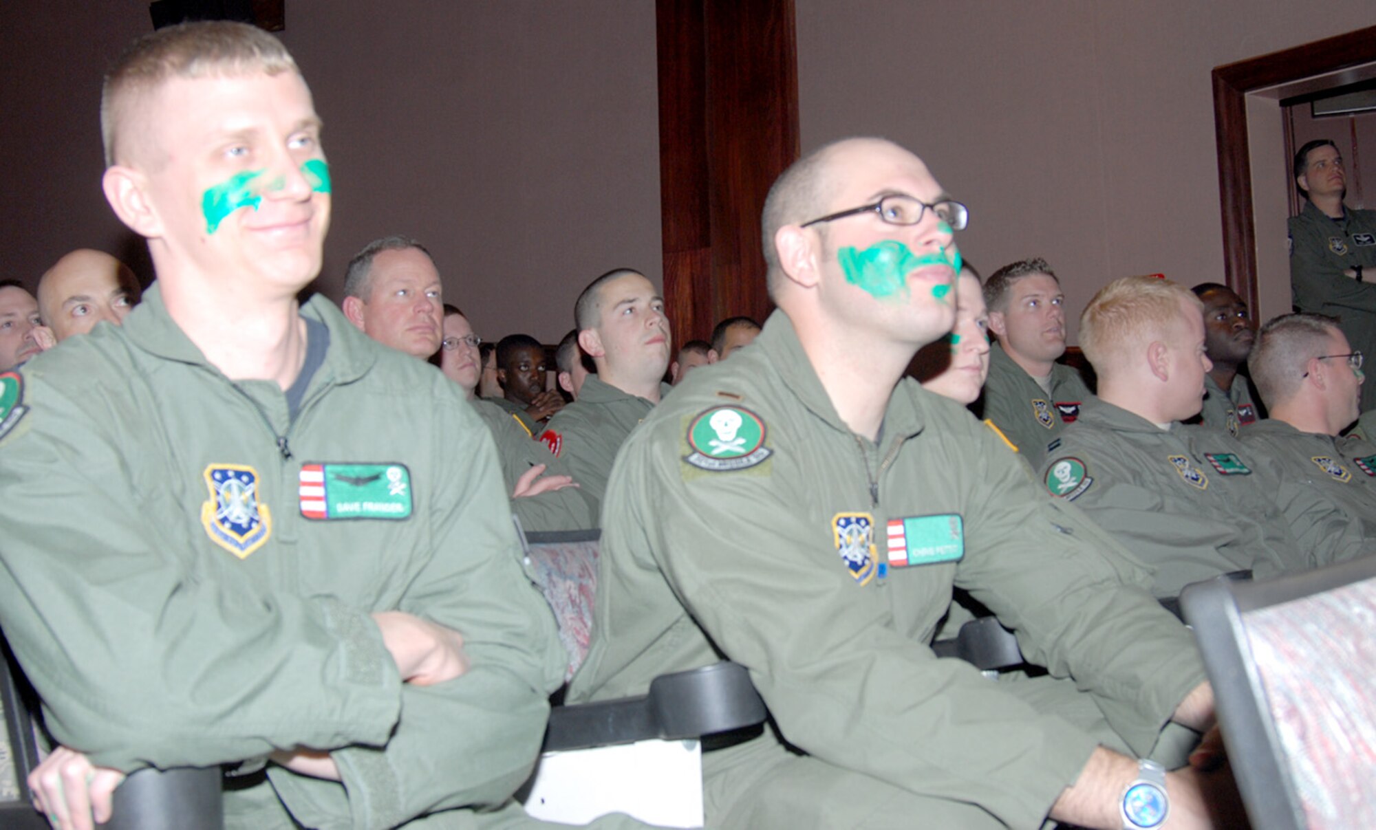 Members of the 320th Missile Squadron listen to the speech by Col. Mike Morgan, 90th Space Wing commander, during the Missile Standardization,  Evaluation and Training Assessment in-briefing in the base theater Monday. The MSET began Monday and lasts until Sunday (Photo by Berni Ernst).
