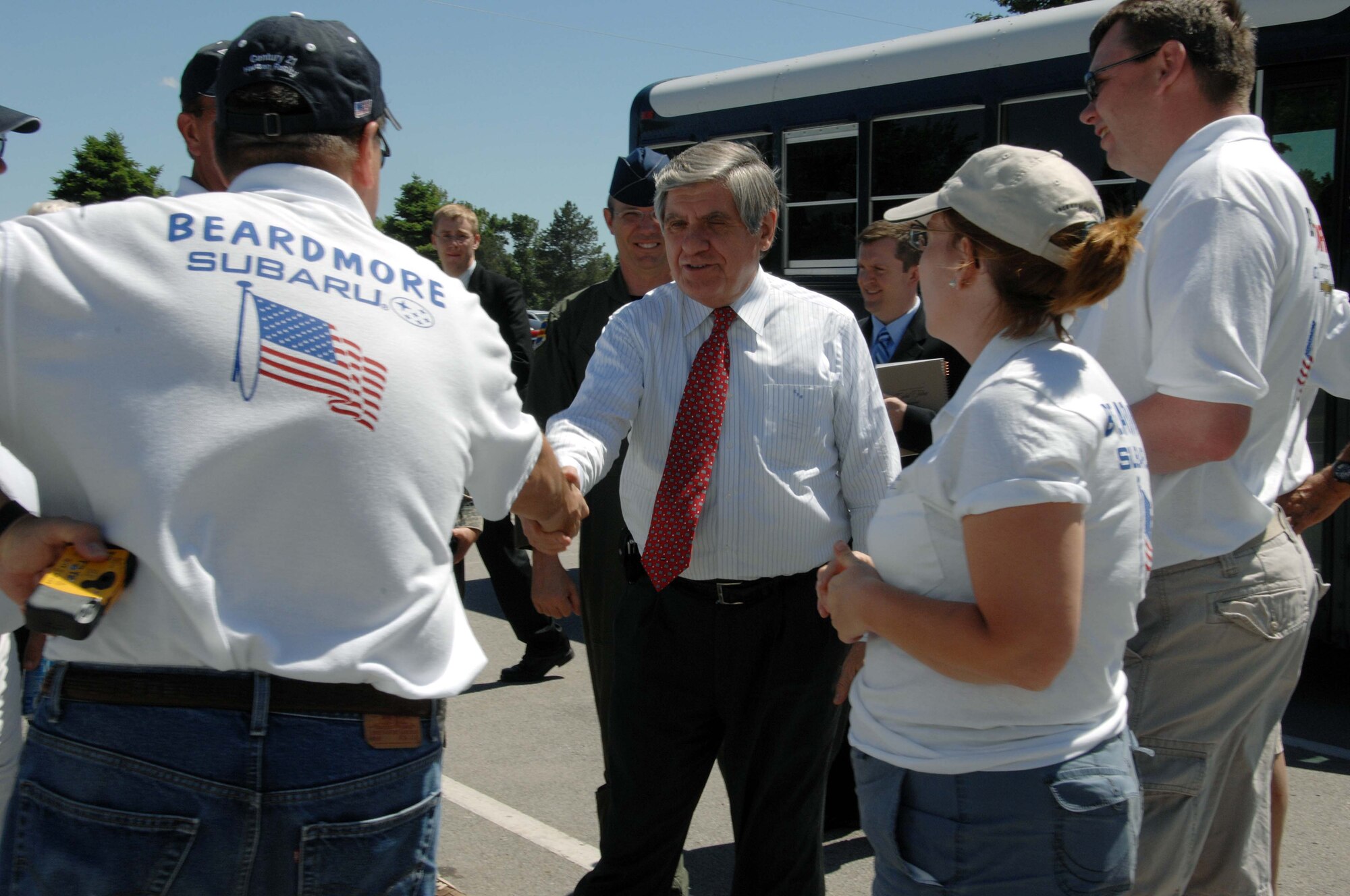 Nebraska U.S. Sen. Ben Nelson greets volunteer workers at Offutt’s Appreciation Day Picnic June 6 at the Base Lake. The annual event is sponsored by the Offutt Advisory Council. (U.S. Air Force Photo By/Josh Plueger)