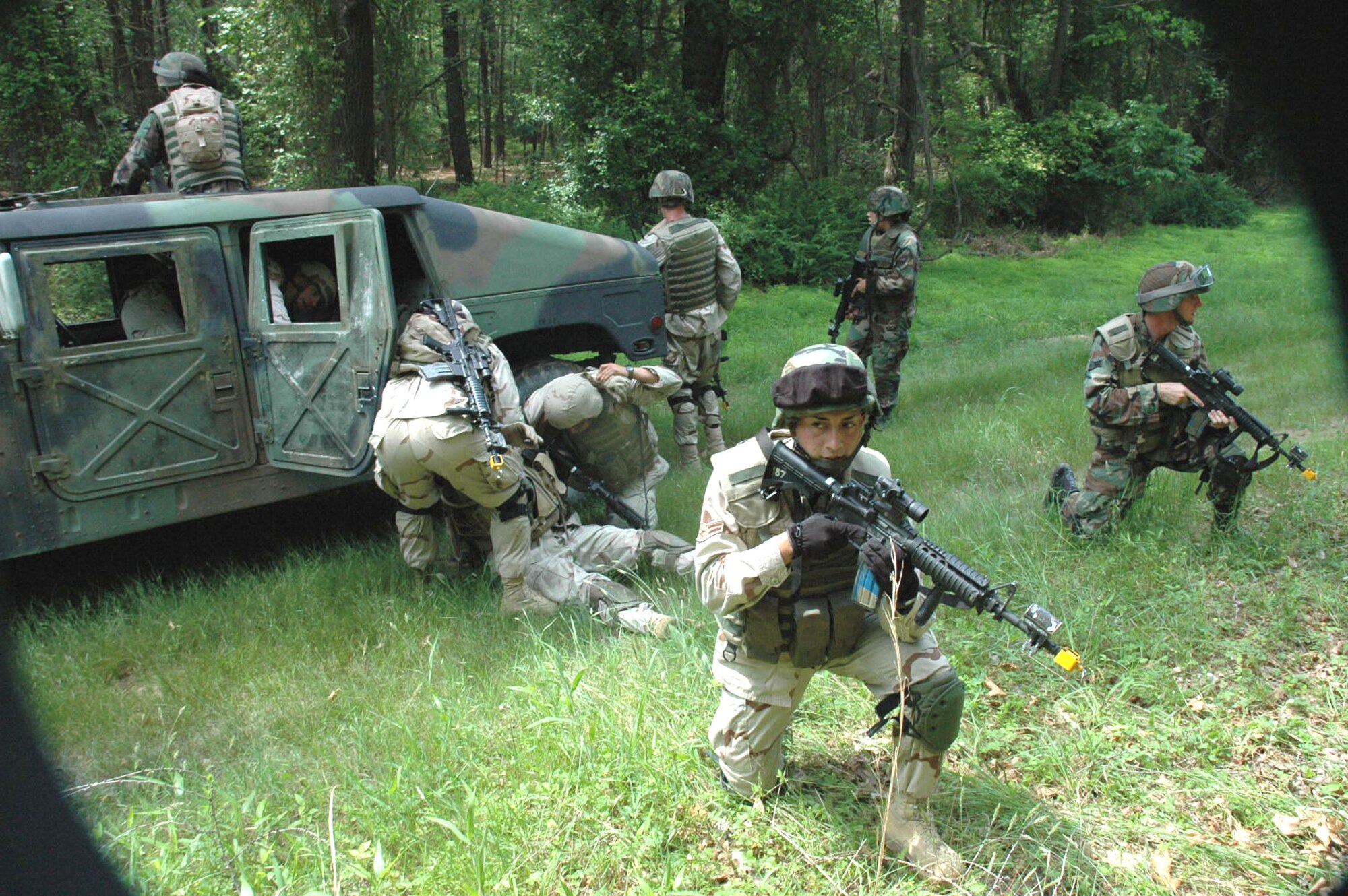 Students in the Air Force Phoenix Warrior Training Course 08-5 practice a dismounted patrol during training on a Fort Dix, N.J., range June 6, 2008.  The course, taught by the U.S. Air Force Expeditionary Center's Expeditionary Operations School and 421st Combat Training Squadron, prepares security forces Airmen for upcoming deployments.  (U.S. Air Force Photo/Staff Sgt. Paul R. Evans)