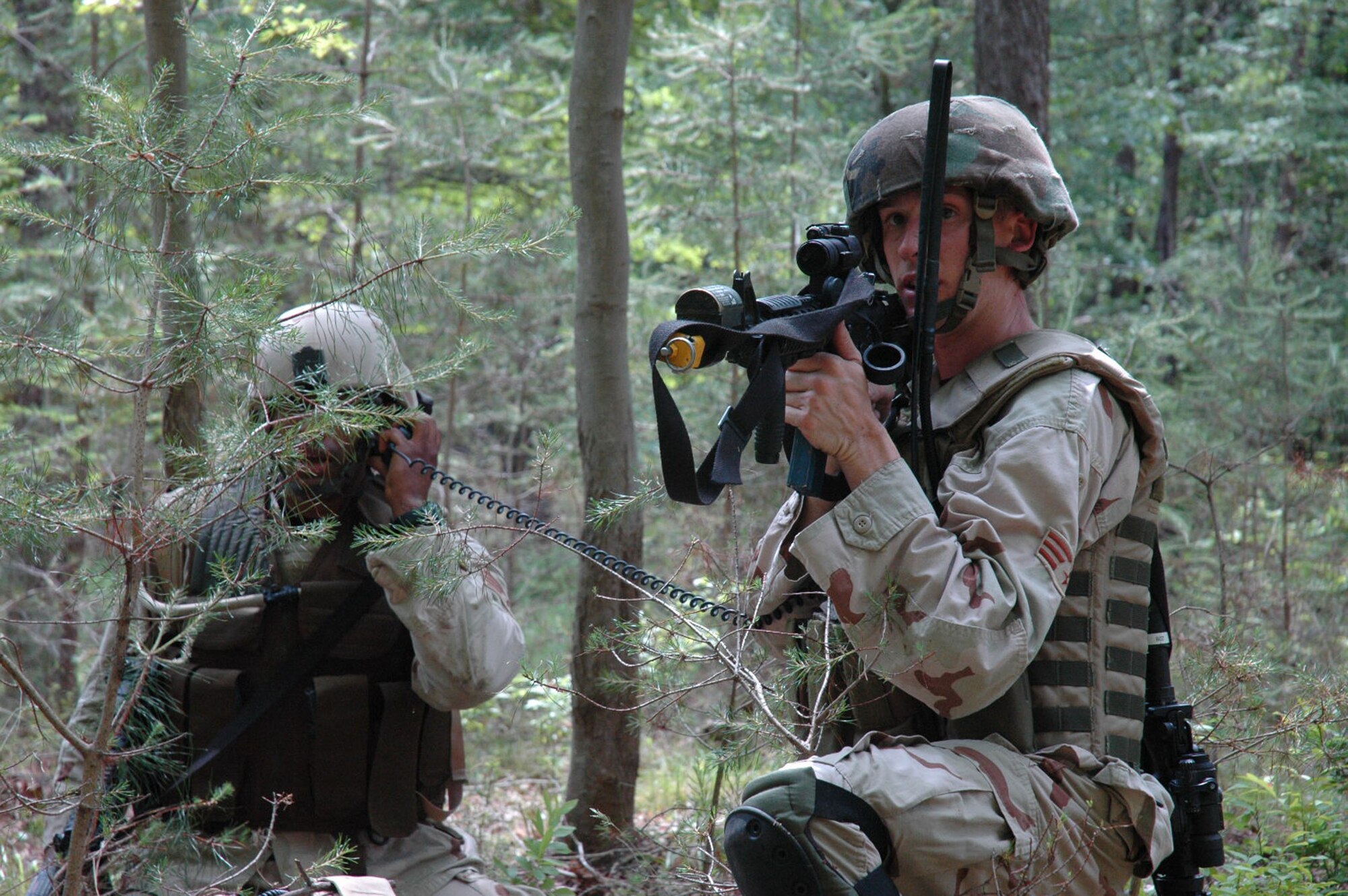 Students in the Air Force Phoenix Warrior Training Course 08-5 practice a dismounted patrol during training on a Fort Dix, N.J., range June 6, 2008.  The course, taught by the U.S. Air Force Expeditionary Center's Expeditionary Operations School and 421st Combat Training Squadron, prepares security forces Airmen for upcoming deployments.  (U.S. Air Force Photo/Staff Sgt. Paul R. Evans)