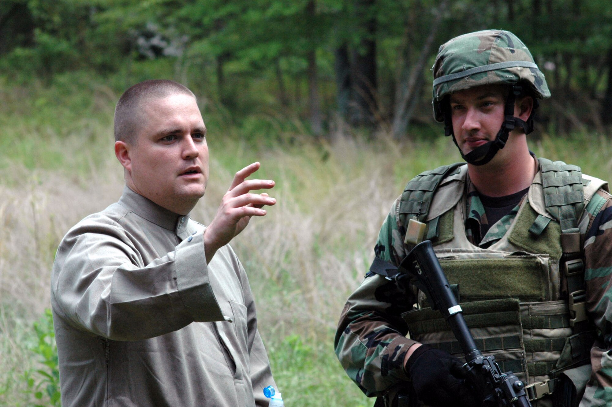 Tech. Sgt. Greg Hasecuster, 421st Combat Training Squadron, U.S. Air Force Expeditionary Center, Fort Dix, N.J., plays the role of a "local villager" during training in mounted and dismounted patrols for the Air Force Phoenix Warrior Training Course 08-5 on a Fort Dix, N.J., range June 6, 2008.  The course, taught by the USAF EC's Expeditionary Operations School and 421st CTS, prepares security forces Airmen for upcoming deployments.  (U.S. Air Force Photo/Staff Sgt. Paul R. Evans)