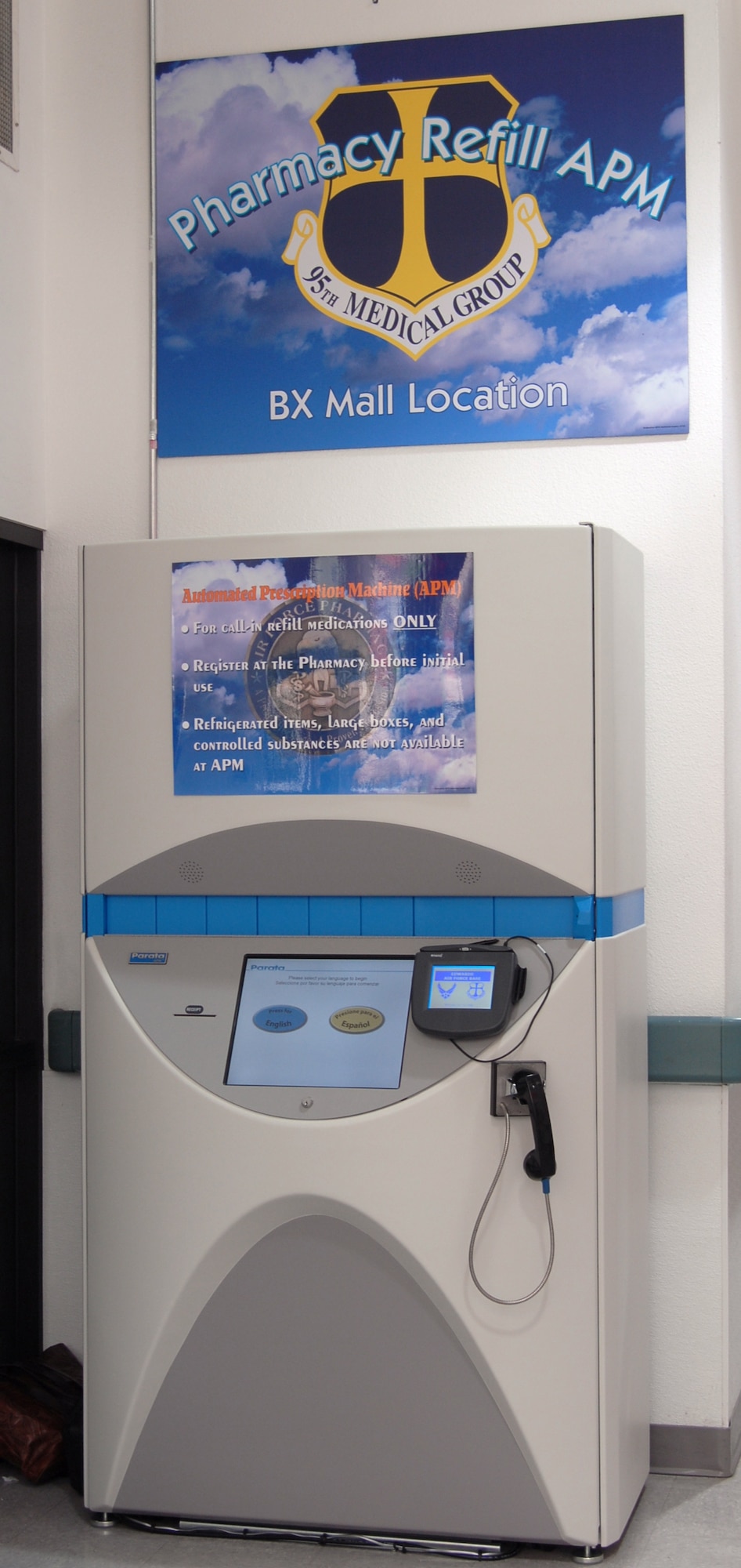 The automated prescription machine, located at the Base Exchange, provides patients with medication refills. The APM is similar to an automated teller machine. (Air Force photo by Senior Airman Stacy Sanchez)