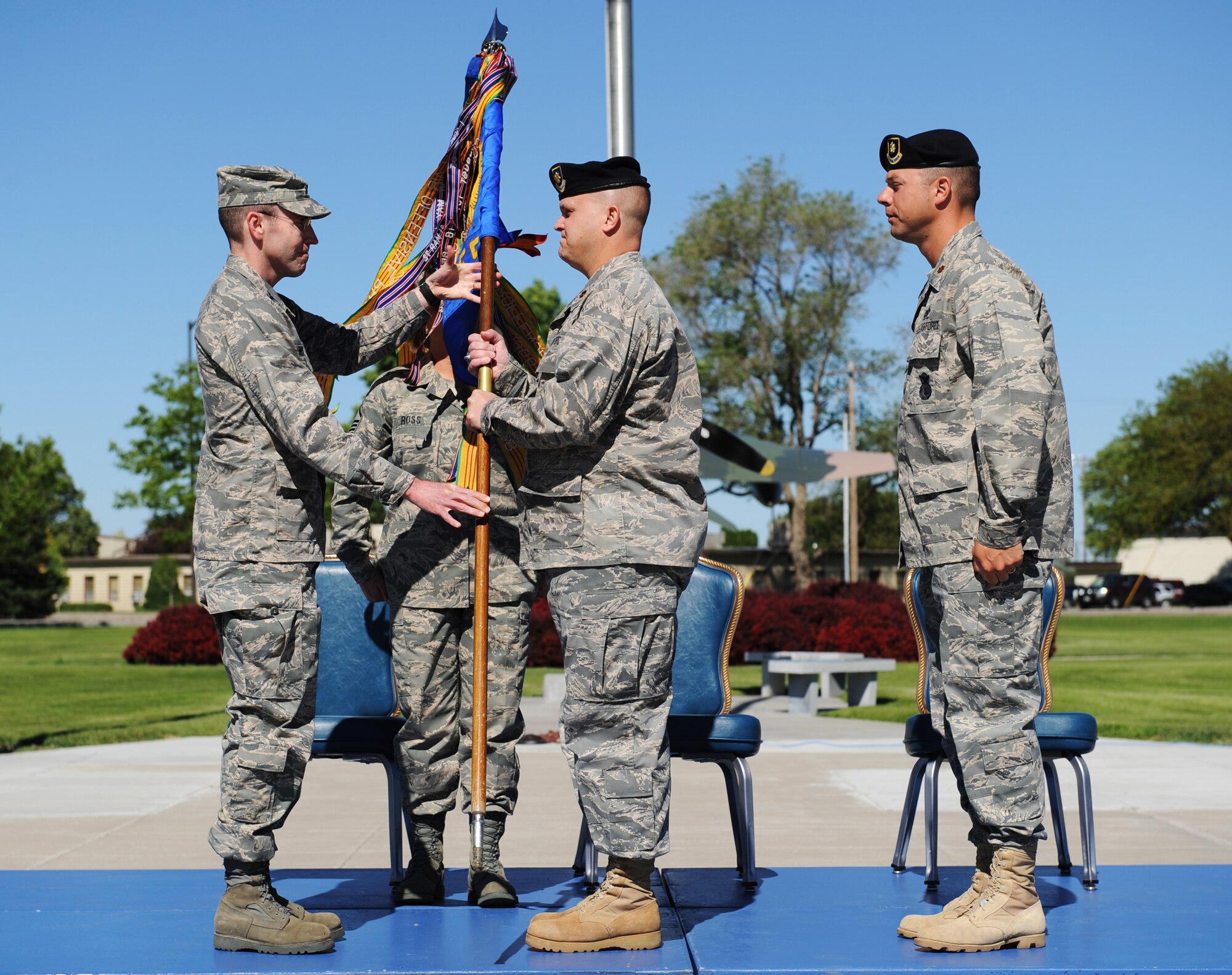 MOUNTAIN HOME AIR FORCE BASE, Idaho - Maj. Alexander Archibald assumes command of the 366th Security Forces Squadron from Col. Jeff Maxwell, 366th Mission Group commander, in a change-of-command ceremony June 13 at Holt Park. (U.S. Air Force photo/ Airman 1st Class Ryan Crane) 