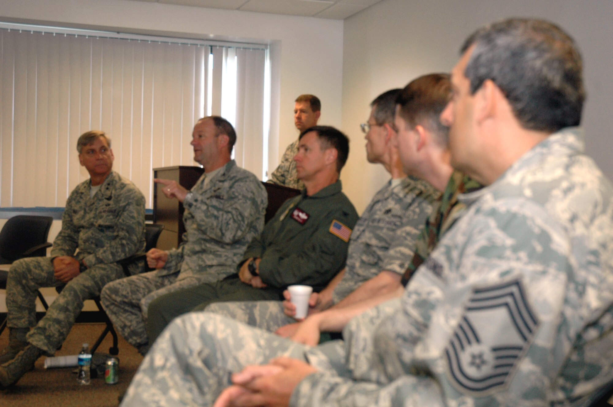 Members of specific panel with significant expeditionary contingency response experience talk to students participating in the planning team training for Air Force Exercise Eagle Flag 08-5 June 13, 2008, at the U.S. Air Force Expeditionary Center on Fort Dix, N.J.  Panel members talked about contingency readiness and planning for the students.  Eagle Flag is an exercise operated by the USAF EC's Expeditionary Operations School and 421st Combat Training Squadron that tests and trains deploying Airmen in expeditionary combat support skills.  Included in the panel were Maj. Gen. Kip Self, USAF EC commander, Col. Steven Sorenson, 818th Contingency Response Group commander at McGuire Air Force Base, N.J., Col. Mark Ellis, 817th CRG commander at McGuire, Col. Michael Hutchison, 305th Mission Support Group commander at McGuire, and others. (U.S. Air Force Photo/Tech. Sgt. Scott T. Sturkol)