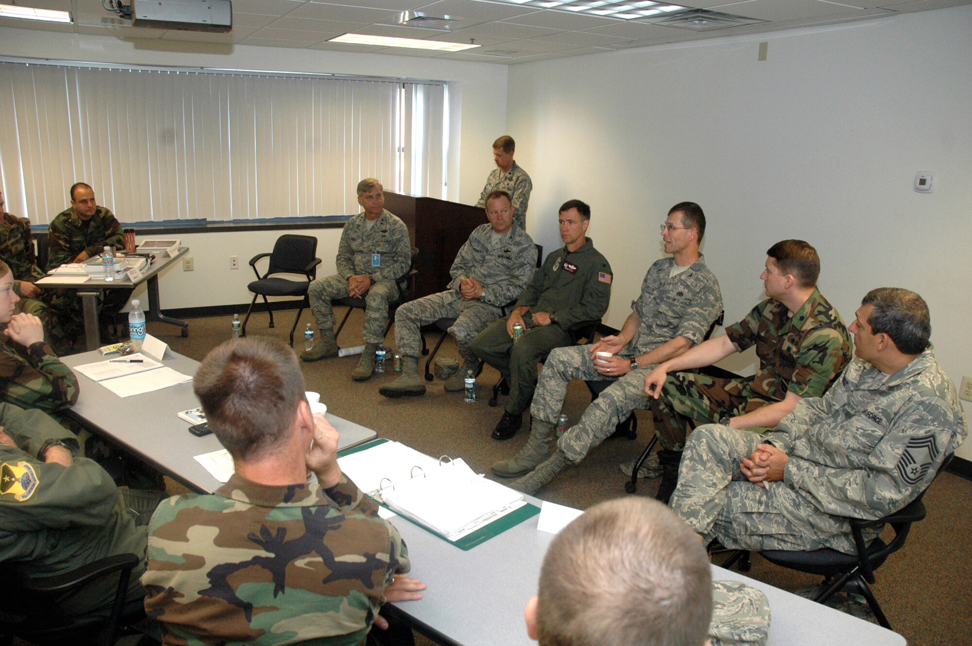 Members of specific panel with significant expeditionary contingency response experience talk to students participating in the planning team training for Air Force Exercise Eagle Flag 08-5 June 13, 2008, at the U.S. Air Force Expeditionary Center on Fort Dix, N.J.  Panel members talked about contingency readiness and planning for the students.  Eagle Flag is an exercise operated by the USAF EC's Expeditionary Operations School and 421st Combat Training Squadron that tests and trains deploying Airmen in expeditionary combat support skills.  (U.S. Air Force Photo/Tech. Sgt. Scott T. Sturkol)