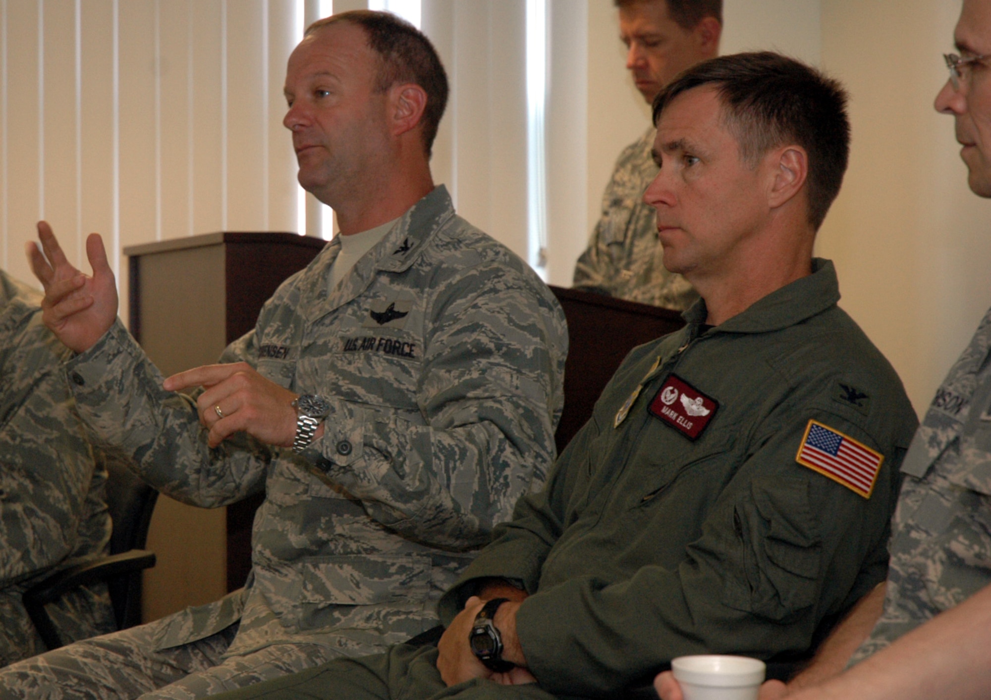 Col. Steven Sorensen, 818th Contingency Response Group commander, McGuire Air Force Base, N.J., talks to students participating in the planning team training for Air Force Exercise Eagle Flag 08-5 June 13, 2008, at the U.S. Air Force Expeditionary Center on Fort Dix, N.J.  Colonel Sorensen, was one of several guests who served on a panel to talk about contingency readiness and planning for the students.  Sitting next to Colonel Sorensen is Col. Mark Ellis, 817th CRG commander, also from McGuire.  Eagle Flag is an exercise operated by the USAF EC's Expeditionary Operations School and 421st Combat Training Squadron that tests and trains deploying Airmen in expeditionary combat support skills.  (U.S. Air Force Photo/Tech. Sgt. Scott T. Sturkol)