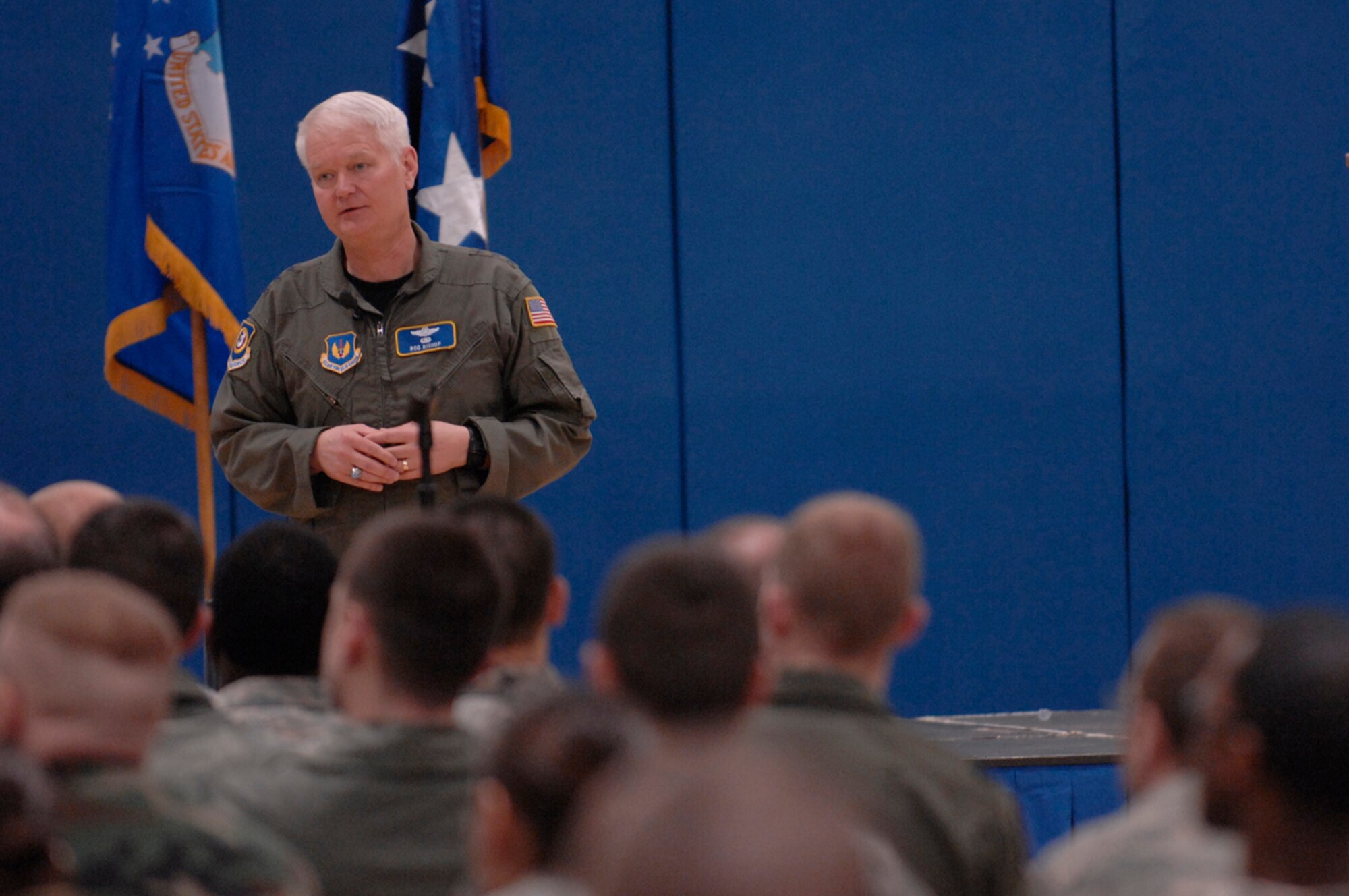 Lt. Gen. Rod Bishop speaks to Liberty Warriors at an Airman's call March 19 at RAF Lakenheath, England. (U.S. Air Force photo by Airman Perry Aston)