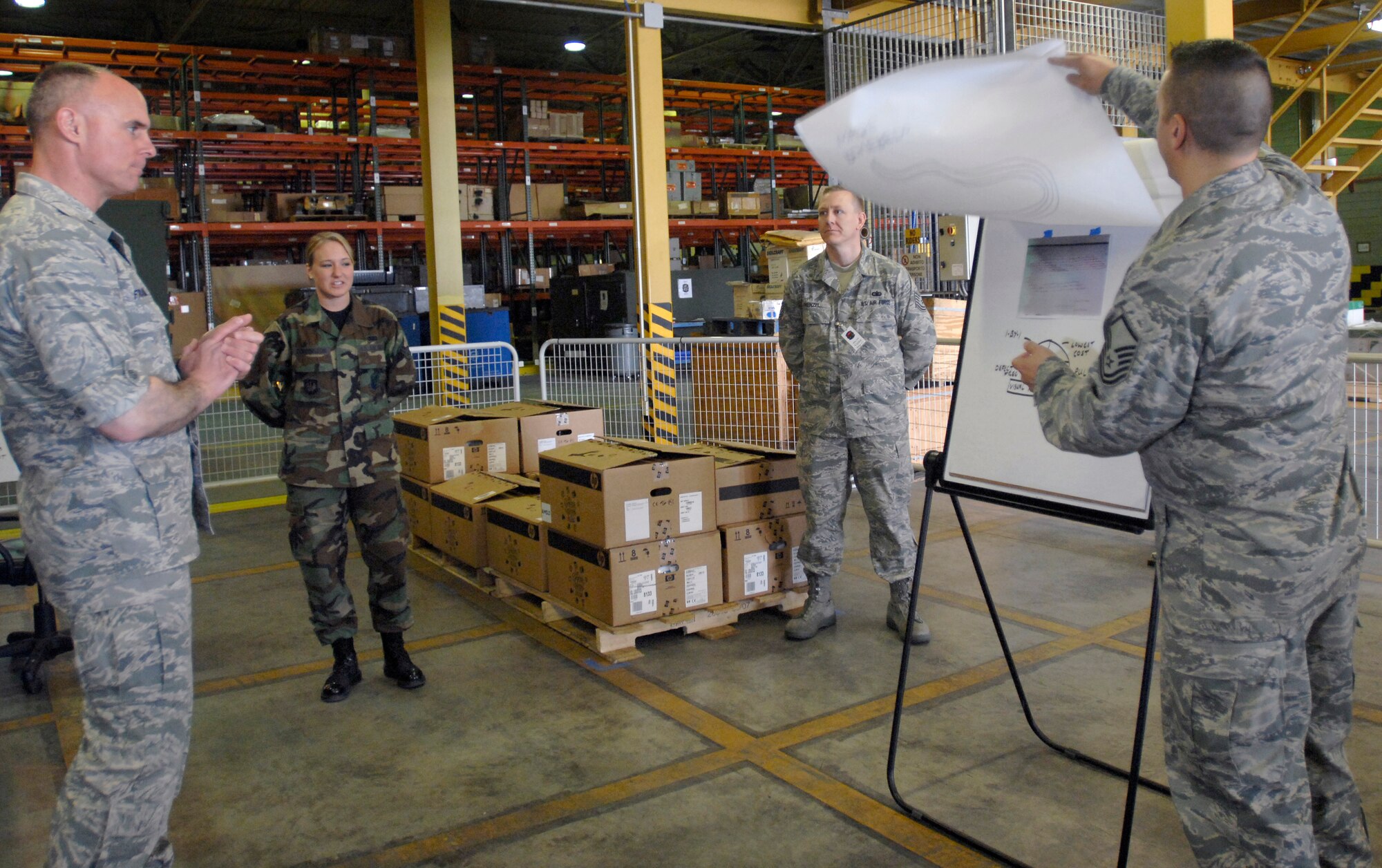 AVIANO AIR BASE, Italy --  Master Sgt. Mark Martinoli, Assistant Branch Chief of Client Service Center, explains the before and after process of loading security patches to computers on base May 23, 2008.  Using AFSO 21 principles, the Client Support Team of the 31st Communication Squadron have reduced their workload by more than 50 percent.  (U.S. Air Force photo/Airman 1st Class Ashley Wood)     