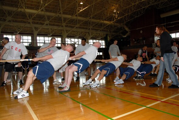 MISAWA AIR BASE, Japan -- Team Dragon Slayers give their all during their final match of the 7th annual tug-of-war competition on June 14, 2008.  Members from the 35th Civil Engineer Squadron made up team Dragon Slayers.  The Northern Air Defense Force/ Commanders Cup Tug-of-War competition is held annually to support and strengthen U.S. and Japanese relations.  (U.S. Air Force photo by Senior Airman Laura R. McFarlane)