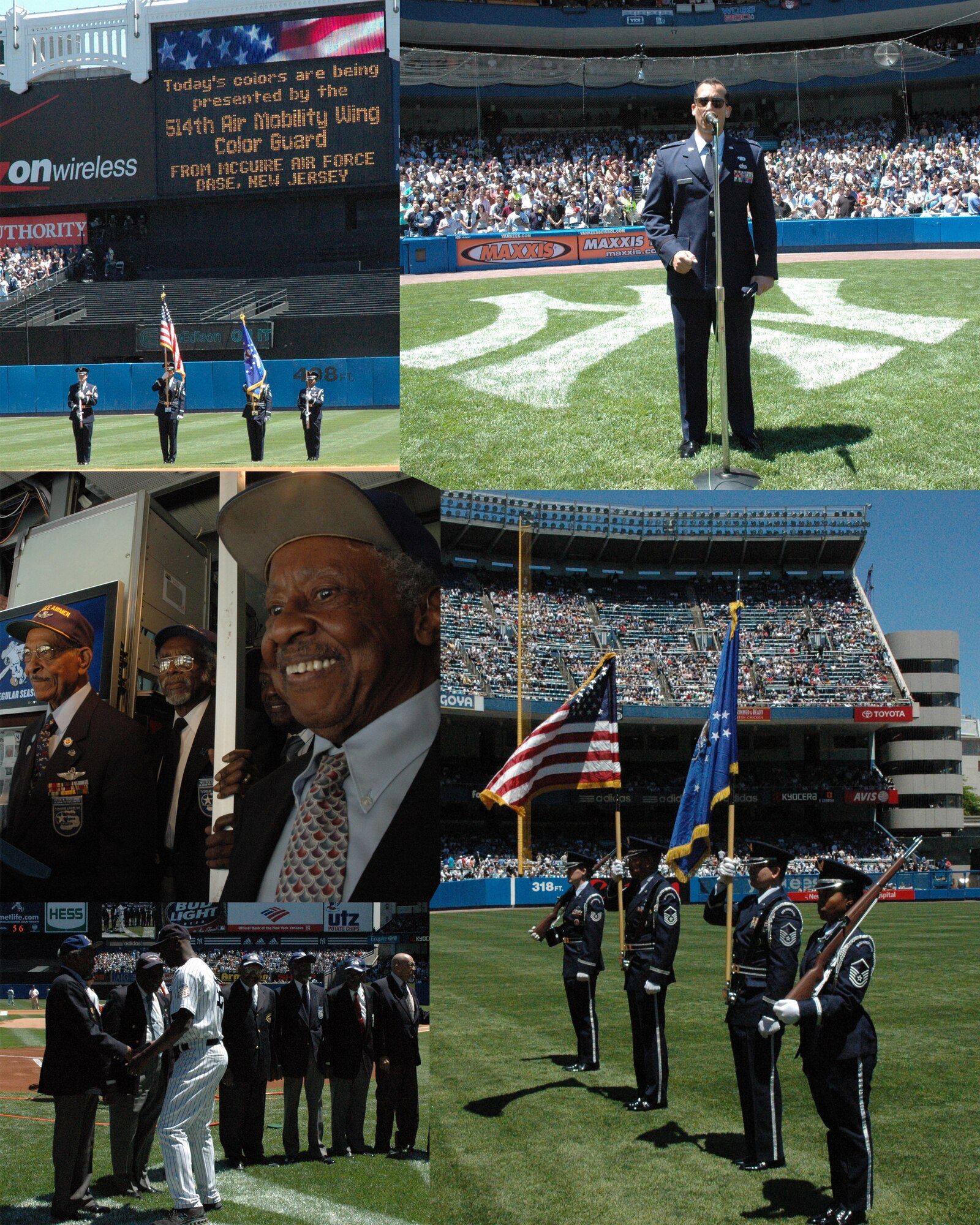 MCGUIRE AIR FORCE BASE, NJ - The 514th Air Mobility Wing, Air Force Reserve Command and Reserve Recruiting joined the New York Yankees in honoring the Tuskegee Airmen at a game in New York on May 25 (Memorial Day Weekend). The 514th Air Mobility Wing's Color Guard presented the colors during the opening ceremony while a reserve Airman sung the national anthem. (U.S. Air Force/composite graphic created by Captain Mark Medvesky) 