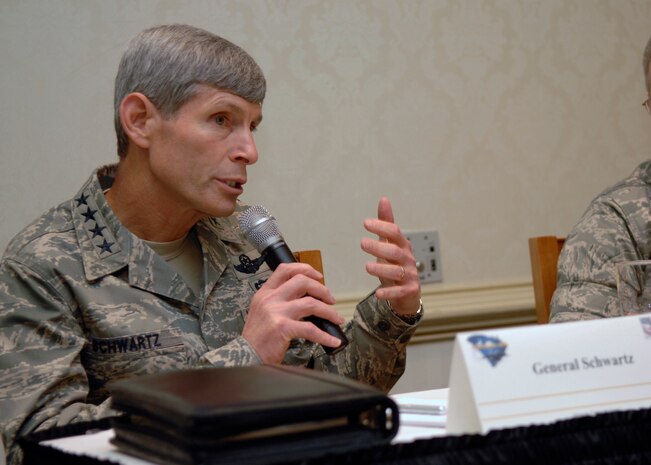 Gen. Norton Schwartz speaks to Team Charleston members about the C-17 at the C-17 15th Anniversary general officers panel at the Charleston Club June 14. General Schwartz is the commander of the U.S. Transportation Command. (U.S. Air Force photo/Airman 1st Class Katie Gieratz)
