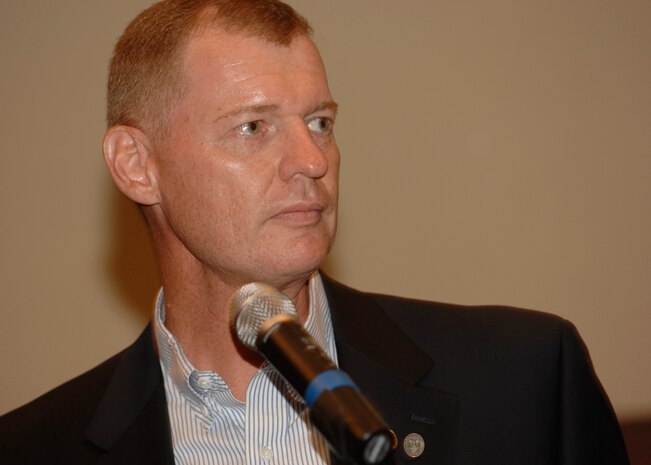 Col. John "Red" Millander speaks to Team Charleston members, civic leaders and general officers at the C-17 15th Anniversary social at the Embassy Suites in North Charleston, S.C., June 13. Colonel Millander is the 437th Airlift Wing commander. (U.S. Air Force photo/Airman 1st Class Katie Gieratz)