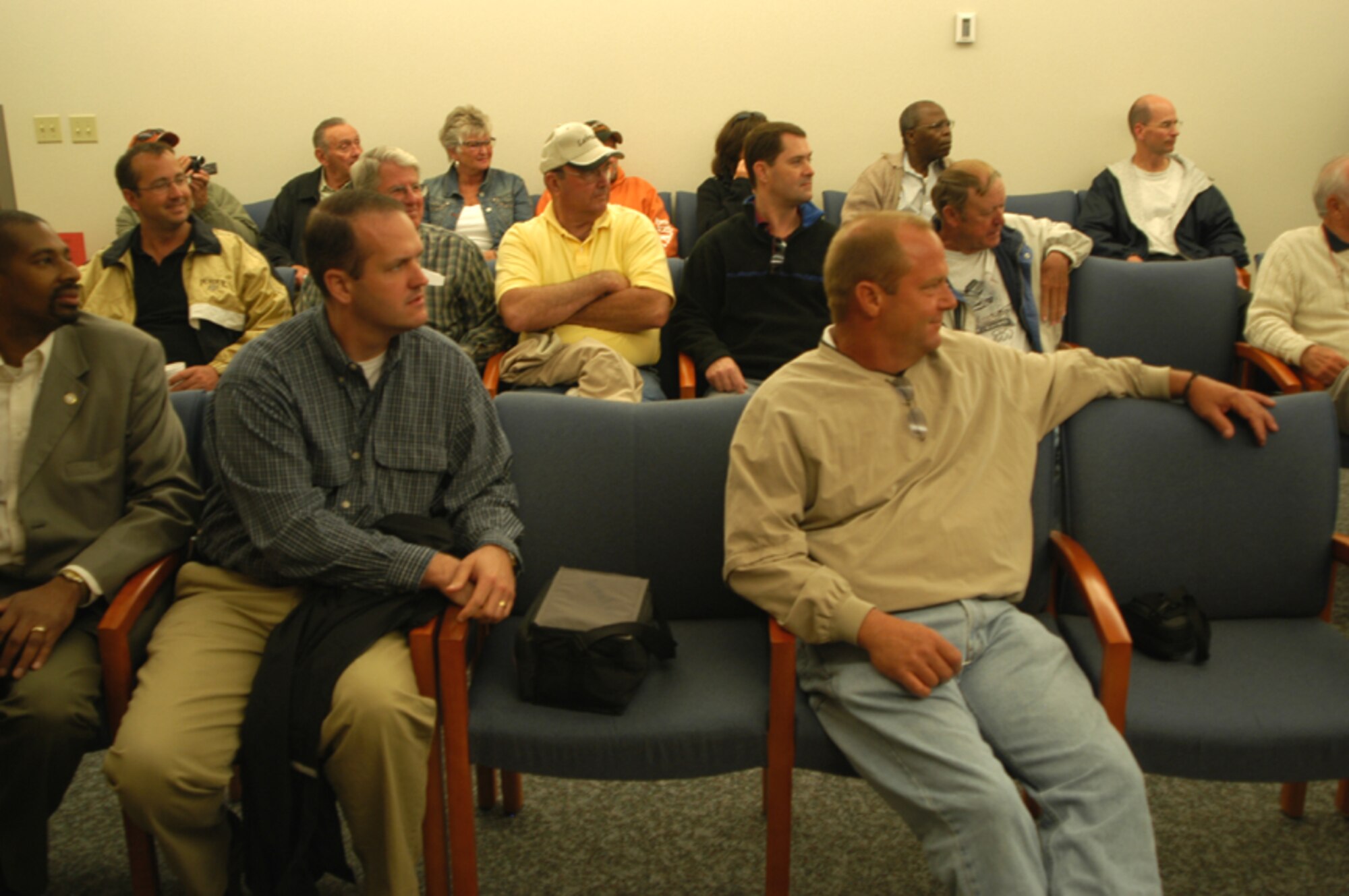 GRISSOM AIR RESERVE BASE, Ind., -- Civic leaders from the Central and North Central Indiana region eagerly await final instructions prior to departing base operations and heading to the Grissom flightline.  The civic leaders received a wealth of information on the base and its mission.  The highlight of the day was a flight aboard a KC-135R Stratotanker belonging to the 434th Air Refueling Wing.  (U.S. Air Force photo/Senior Airman Carl Berry)