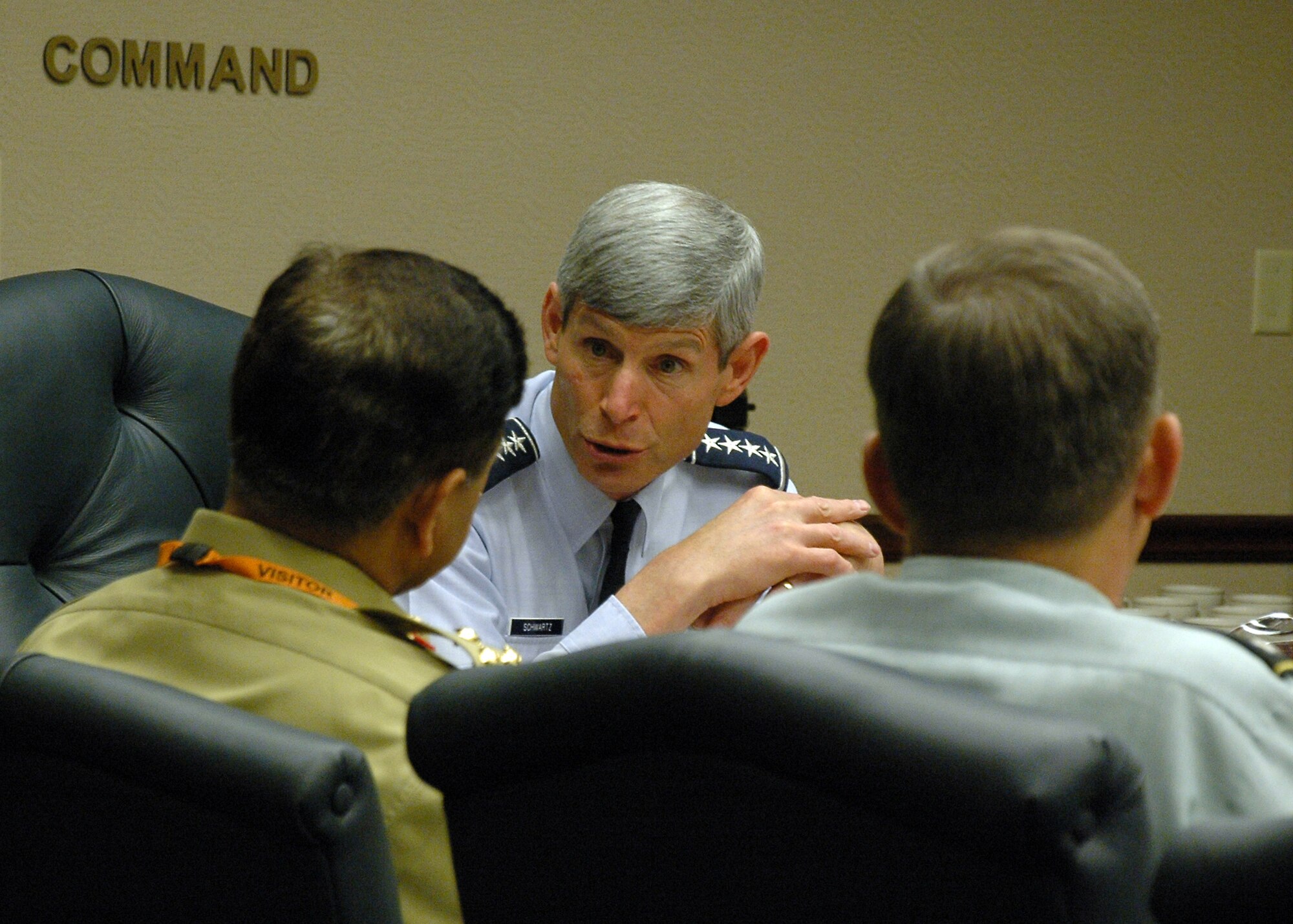 SCOTT AIR FORCE BASE, Ill. -- Gen. Norton A. Schwartz, U.S. Transportation Command commander, welcomes a group of Pakistani military and civilian visitors to Scott Air Force Base during their visit June 1-7. 
(courtesy photo)
