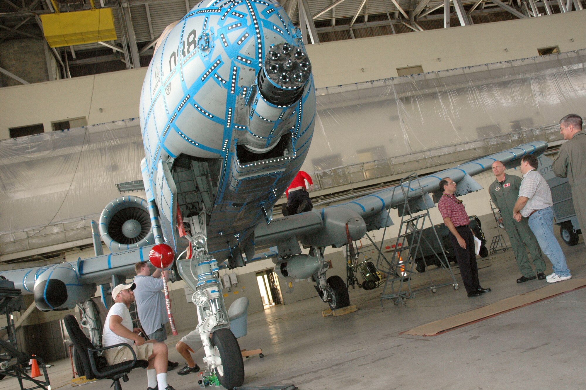 EGLIN AIR FORCE BASE, Fla. -- The A-10C, on loan fromt he Maryland Air National Guard, under goes computerized diagnostic measurement in the King Hangar. Using V-STAR, or Virtual Surveillance Target Attack Radar System, technology, the system will generate a three-dimentional image of the aircraft. This will help engineers outfit the A-10 for smart weapons. This is the first time the A-10 has been digitally recorded. (U.S. Air Force photo/Staff Sgt. Stacia Zachary)