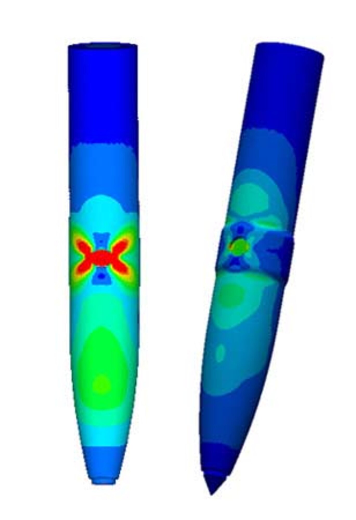 The I-500 warhead's predicted deformation contours after penetration into hardened concrete for the original design (on left), and the Air Force Research Laboratory-proposed design (right).  (U.S. Air Force courtesy art) 
