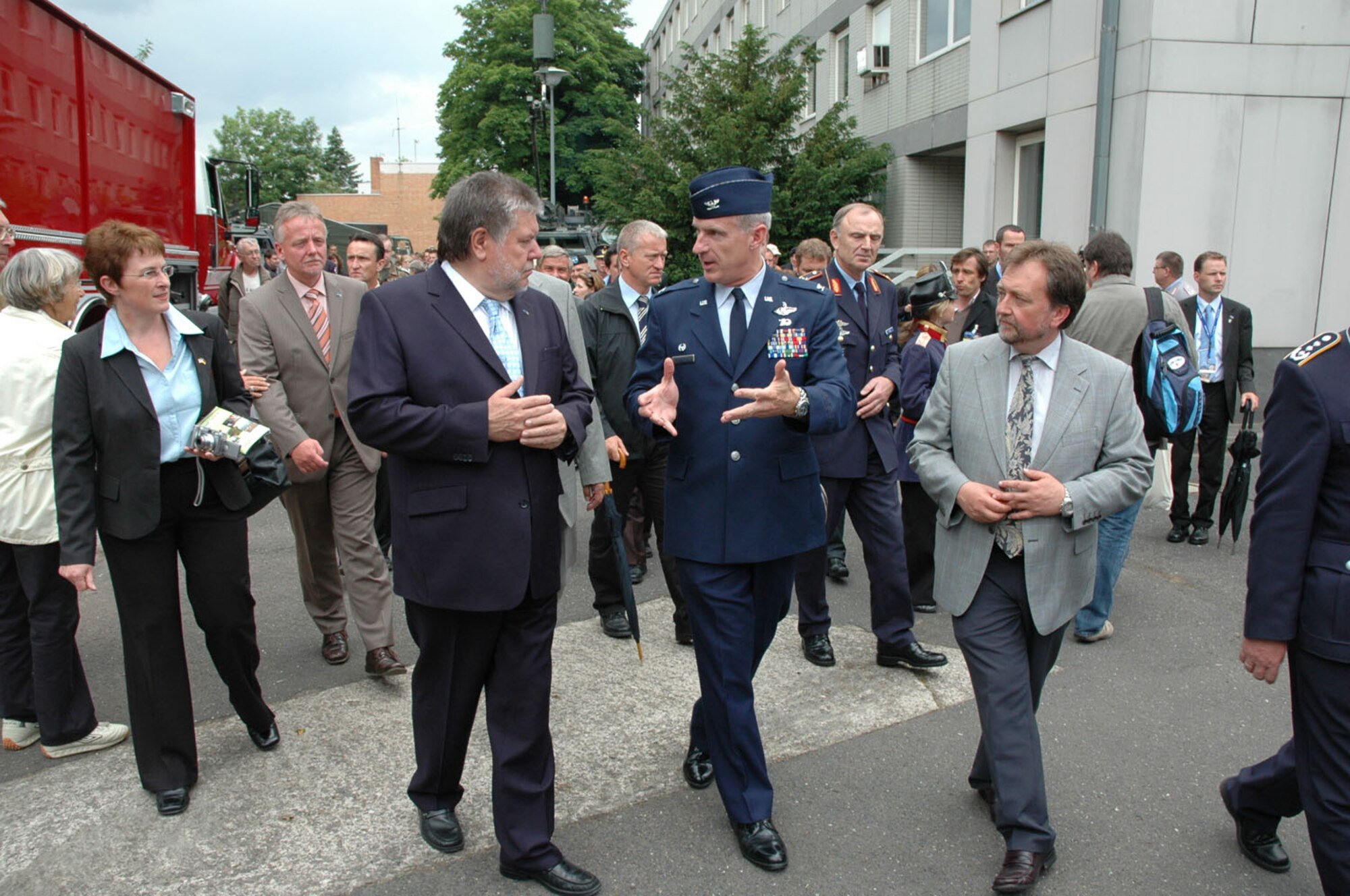 The Spangdahlem Air Base vice commander, Col. Thomas Feldhausen, tours the military exhibition area with the Minister President of Rheinland-Pfalz, Kurt Beck.  Members of the 52nd Fighter Wing hosted military exhibits including the base’s mobile dental bus, a U.S. Air Force fire truck, a security forces vehicle and a food booth at the state fair.  (U.S Air Force Photo/Iris Reiff)