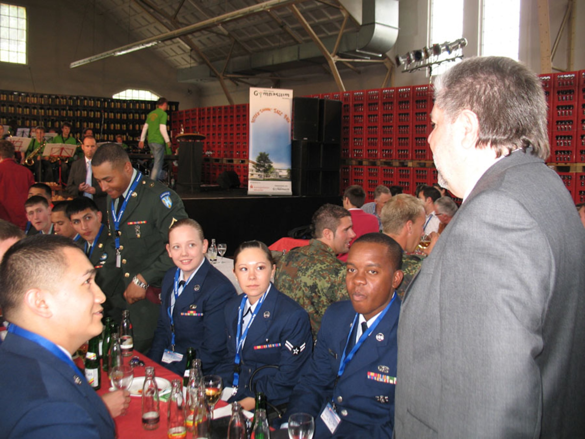 A group of Airmen from the 52nd Fighter Wing were invited to the biggest state fair and festival of Rheinland-Pfalz, June 13-15 in Bad Neuenahr-Ahrweiler. The Rheinland-Pfalz Minister President Kurt Beck (standing at the head of table) held a “Reception for the Youth” June 13, where young people from across the state were invited and recognized by the head of the state for their outstanding performances. Honorary guests from Spangdahlem included:  Airman 1st Class Johnathon C. Todd,  Airman 1st Class Tina C. Cromer,  Airman Sarah M. Cox, Airman 1st Class Alisha K. Rowe, Airman 1st Class Timothy L. Sherrod, Airman 1st Class Jenifer H. Calhoun, Airman Staci N. Miller, Senior  Airman Munoz Gonzales and Airman 1st Class Joseph Pascal.  (U.S Air Force Photo/Kornelia Pitsch)