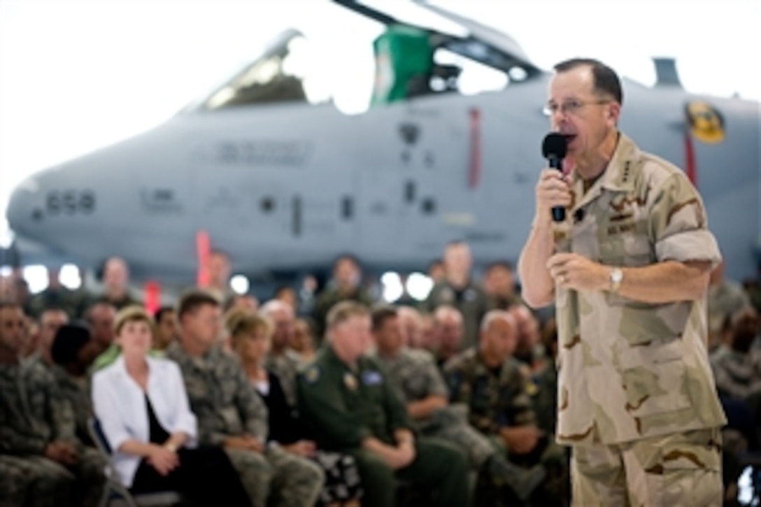 U.S. Navy Adm. Mike Mullen, chairman of the Joint Chiefs of Staff, addresses servicemembers assigned to Nellis and Creech Air Forces bases during an all-hands call at Thunderbird Hangar, Las Vegas, Nev., June 17, 2008. 