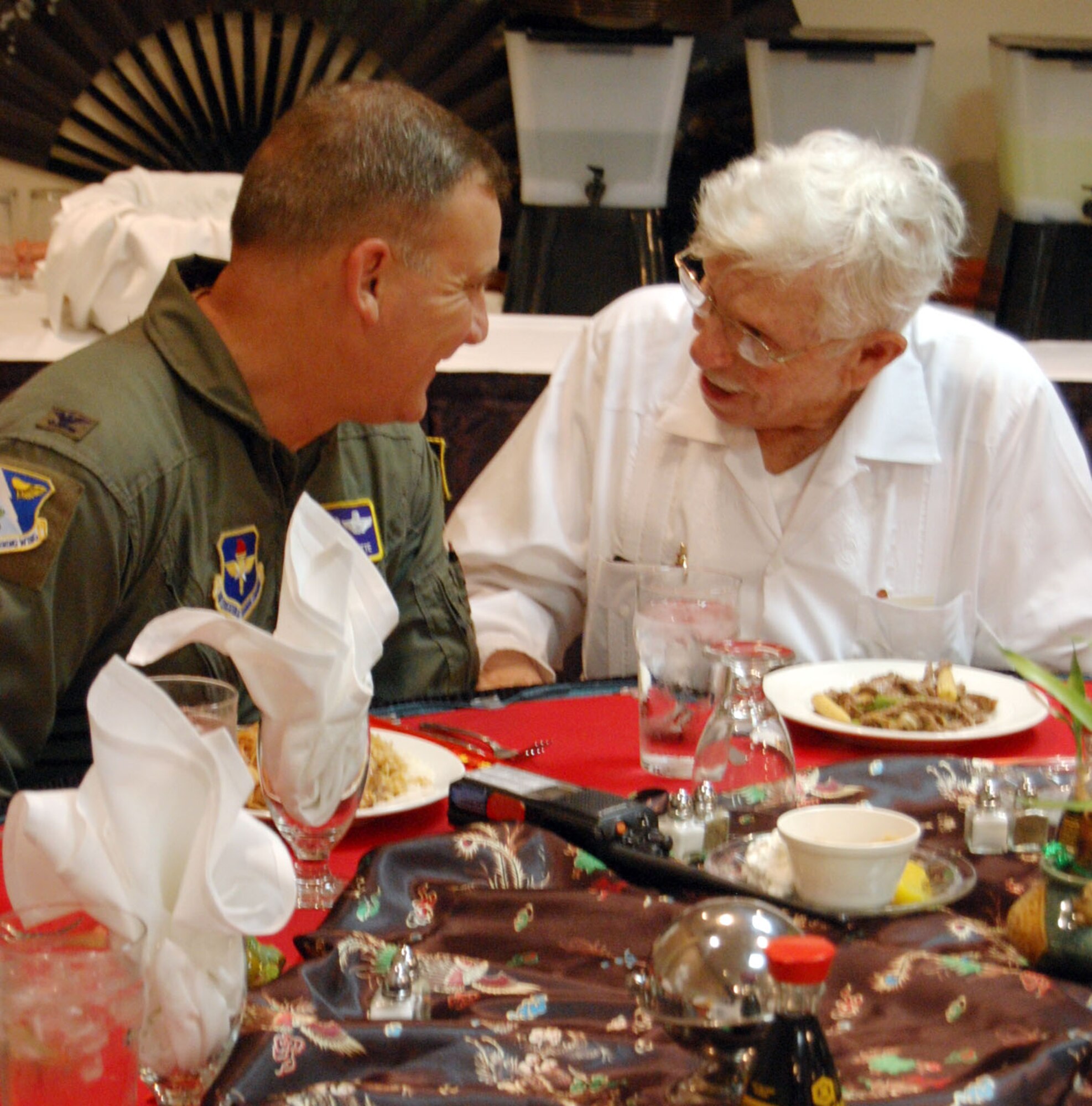 LAUGHLIN AIR FORCE BASE, Texas – Retired Maj. Gen. Homer Lewis, former Air Force Reserve commander, sits down with Col. John Doucette, 47th Flying Training Wing commander, at Club XL to have lunch during his visit to Laughlin June 19. General Lewis came to tour the 96th Flying Training Squadron facilities and operations and the T-6 simulator facilities. (U.S. Air Force photo by Airman 1st Class Sara Csurilla) 