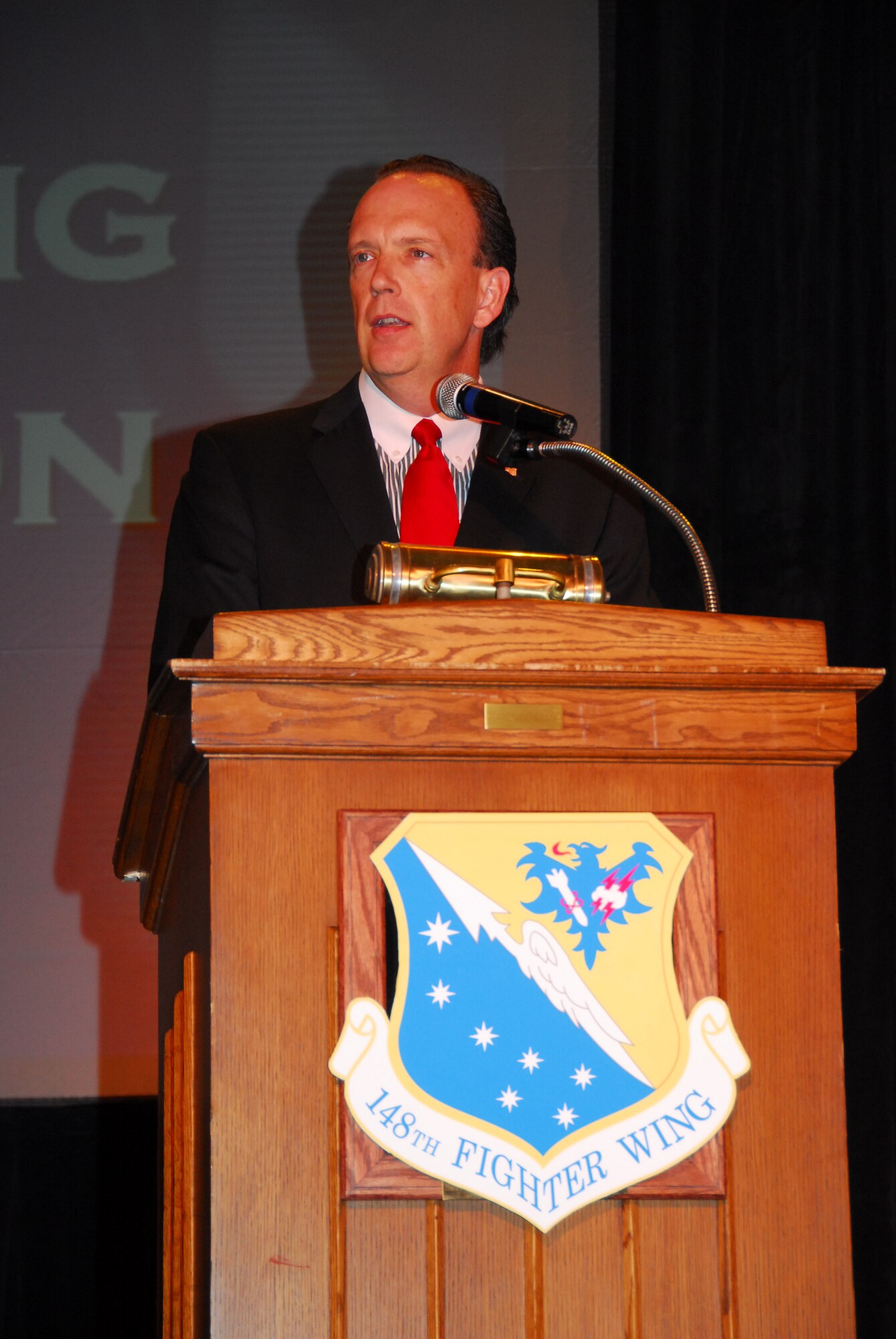 The Honorable William C. Anderson, Assistant Secretary of the Air Force, speaks to members of the 148th Fighter Wing, Duluth, Minn. on June 15, 2008.  The wing was presented as the first Air Force unit to receive OSHA's Voluntary Protection Program STAR rating at an awards ceremony in Duluth, Minn. (U.S. Air Force photo by Tech. Sgt. Brett R. Ewald)  (Released)

