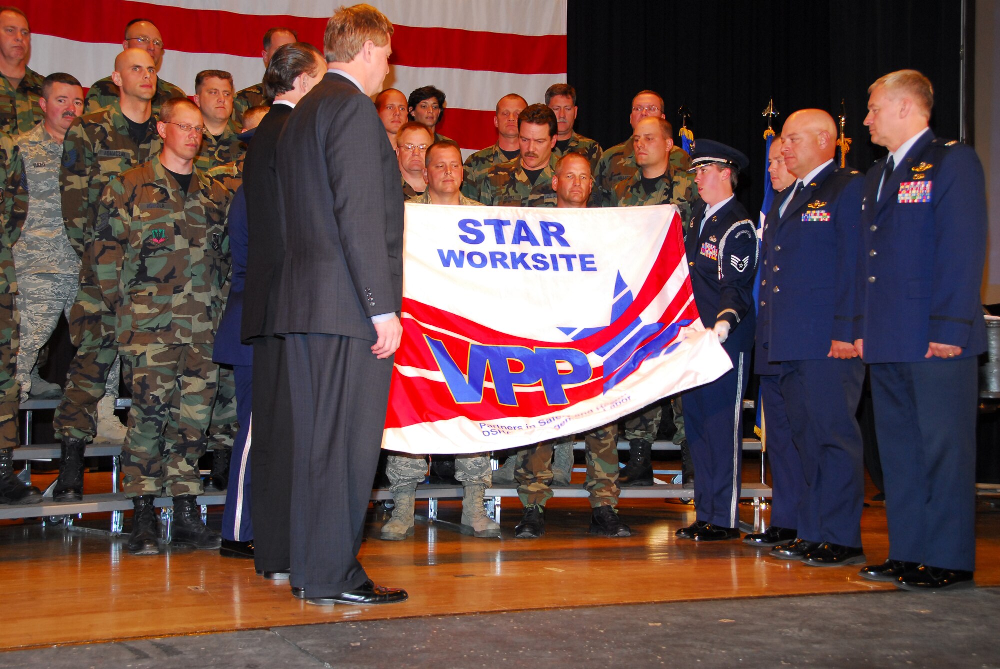 The 148th Fighter Wing, Duluth, Minn. was presented with OSHA's Voluntary Protection Program STAR rating at an awards ceremony in Duluth, Minn. on June 15, 2008.  The award was presented by the Honorable William C. Anderson, Assistant Secretary of the Air Force and the Honorable Edwin G. Foulke, Assistant Secretary of Labor for Occupational Safety and Health.  (U.S. Air Force photo by Tech. Sgt. Brett R. Ewald)  (Released)
