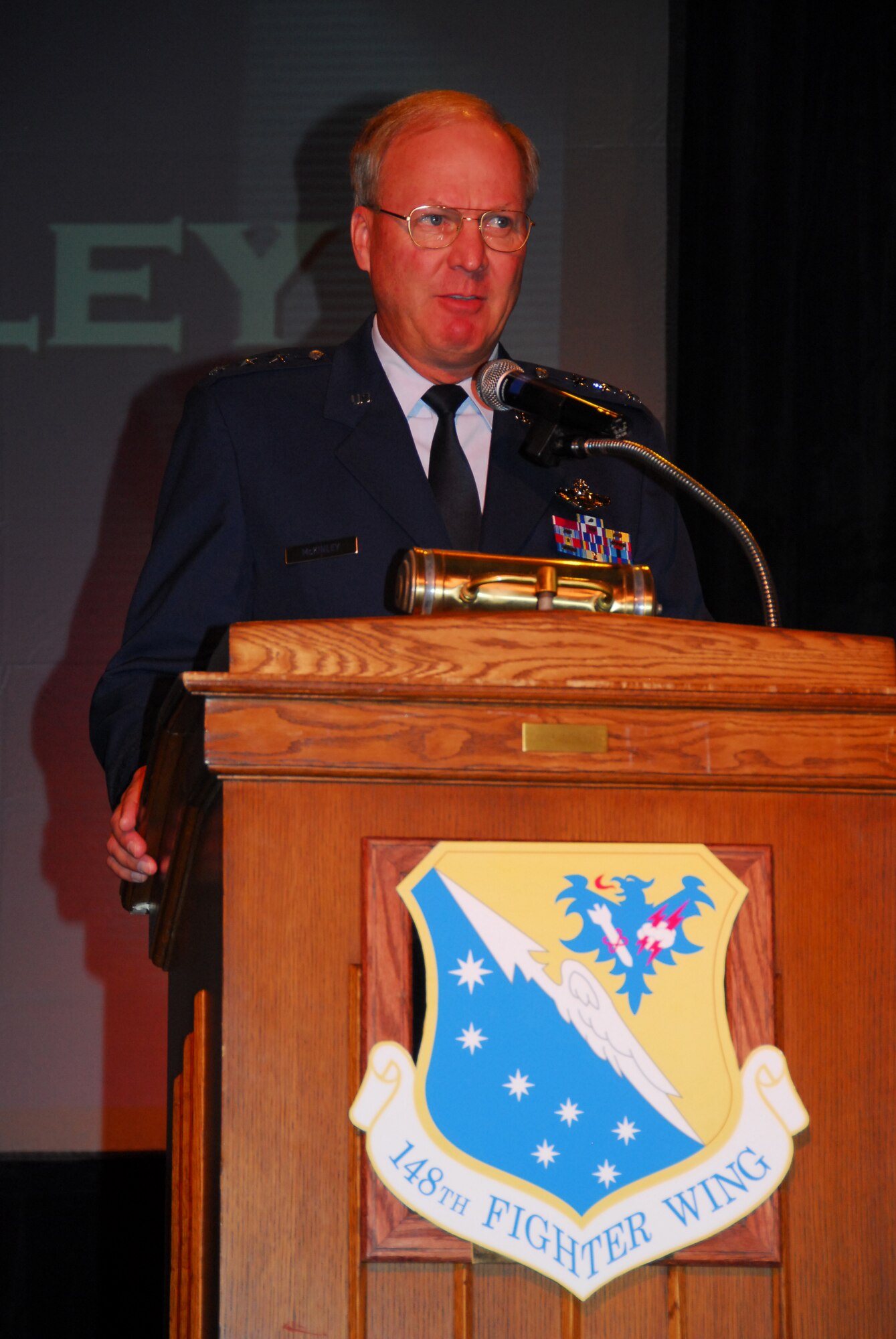 U.S. Air Force Lt Gen Craig McKinley, Director of the Air National Guard presents the 148th Fighter Wing, Duluth, Minn. with the Outstanding Unit Award on June 15, 2008 during an awards ceremony.  The wing received the Outstanding Unit Award for its involvement in multiple deployments in the United States and overseas, high recruiting and retention rates, and exceptional inspection results.  (U.S. Air Force photo by Tech. Sgt. Brett R. Ewald)  (Released)