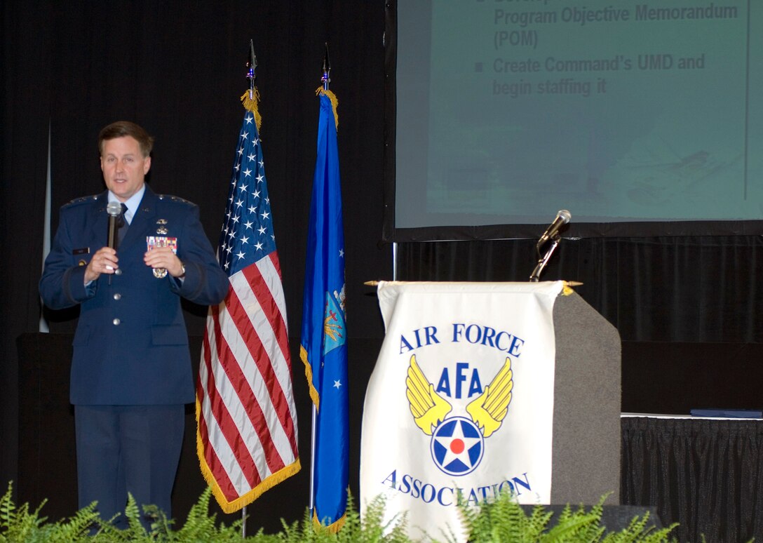 Maj. Gen. William T. Lord addresses the Air Force's 2nd annual Cyberspace Symposium June 18 in Marlborough, Mass.  General Lord is the commander of Air Force Cyber Command (Provisional). (U.S. Air Force photo/Rick Berry)