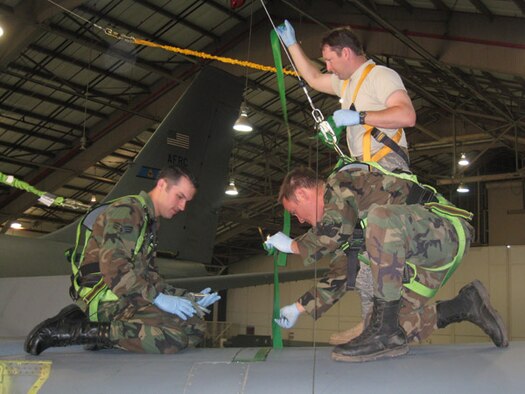 Senior Airman David Chain, Tech. Sgt. Troy Chaddon, and Staff Sgt. Jacob Ellis conduct inspections on a KC-135 at Tinker Air Force Base, Oklahoma.  All three are members of the Oklahoma Air National Guard's 137th Air Refueling Wing. The 137th ARW is an associate unit to the Air Force Reserve's 507th Air Refueling Wing. The two wings merged, with the 137th ARW becoming an associate wing to the 507th ARW, as a decision from the 2005 Base Realignment and Closure (BRAC) process. This new partnership represents the first time for an Air National Guard wing to be associated to an Air Force Reserve wing.
