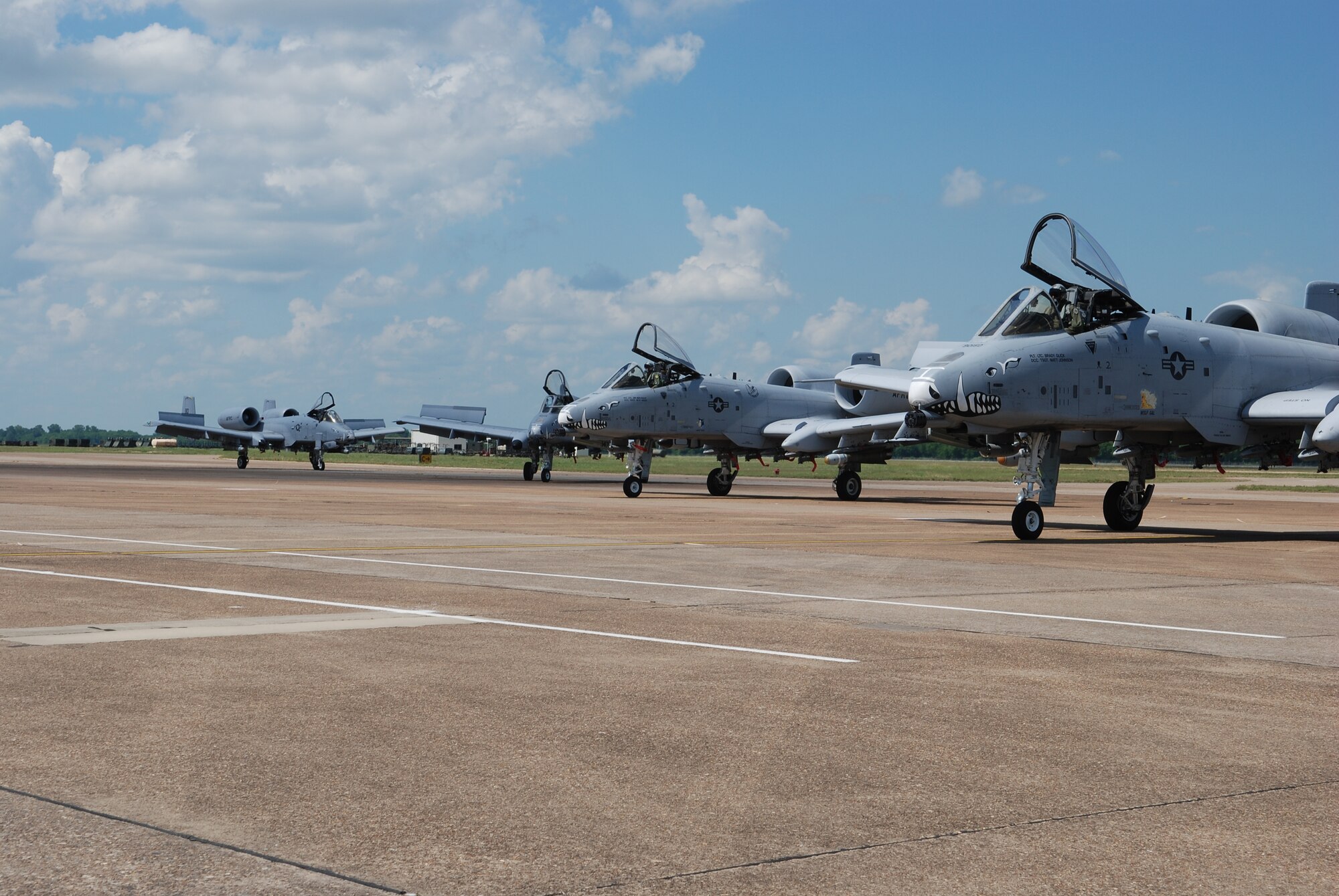 Four 47th Fighter Squadron A-10 Thunderbolt IIs return from a flying hours record setting sortie on June 13, 2008, 917th Wing, Barksdale AFB, La. Lt Cols Brady Glick, James Macaulay, Dave Deaton, and Marc Olson totaled 17,742 flying hours and over 10,000 sorties in the A-10. In the lead A-10, Lt Col Brady Glick set a single all-time flying hours record in the A-10 with 4,666 flying hours and 2,495 sorties. (U.S. Air Force photo by Master Sgt. Gregory W. Steele/Released)