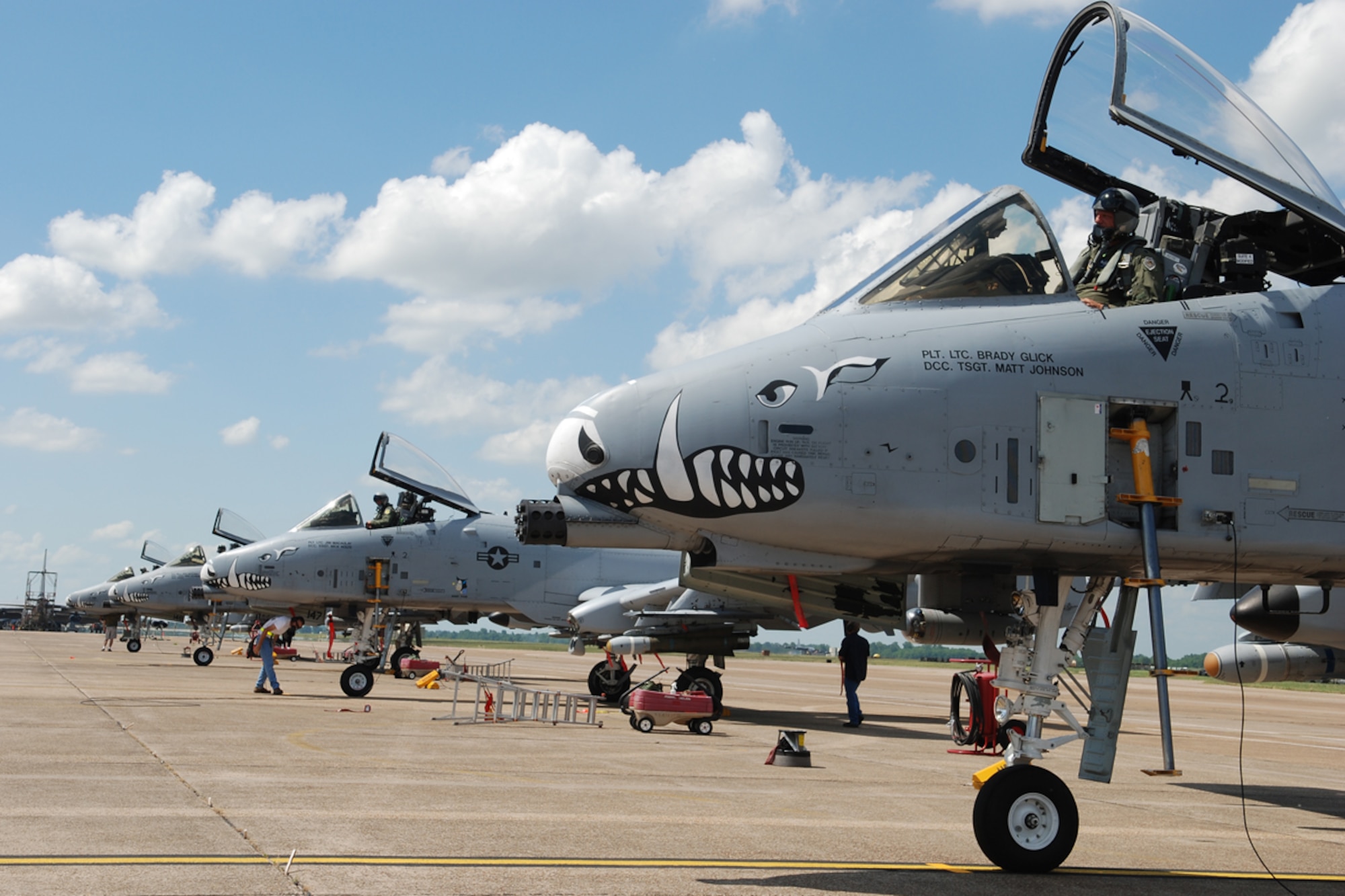 Lt Cols Brady Glick, James Macaulay, Dave Deaton, and Marc Olson, 47th Fighter Squadron pilots, return from a record setting sortie on June 13, 2008, 917th Wing, Barksdale AFB, La. The sortie set a record for combined total flying hours in the A-10 Thunderbolt II with 17,742 flying hours. (U.S. Air Force photo by Master Sgt. Gregory W. Steele/Released)
