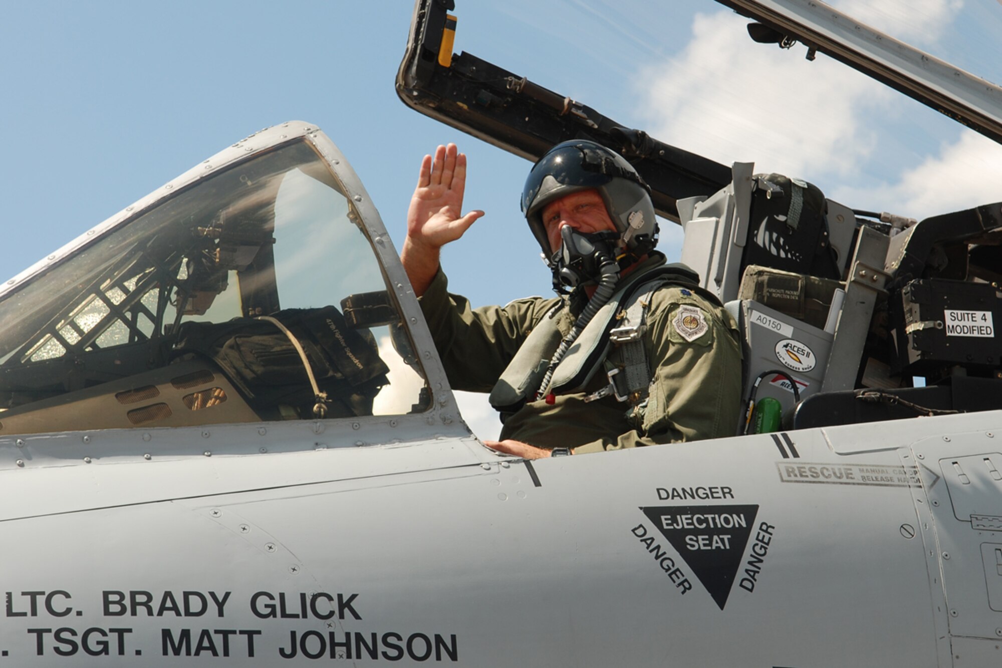 Lt Col Brady Glick, 47th Fighter Squadron pilot, returns from a record setting sortie in the A-10 Thunderbolt II. Lt Col Glick set the all-time single total flying hours record in the A-10 with 4,666 flying hours and 2,495 sorties on June 13, 2008, 917th Wing, Barksdale AFB, La. (U.S. Air Force photo by Master Sgt. Gregory W. Steele/Released)