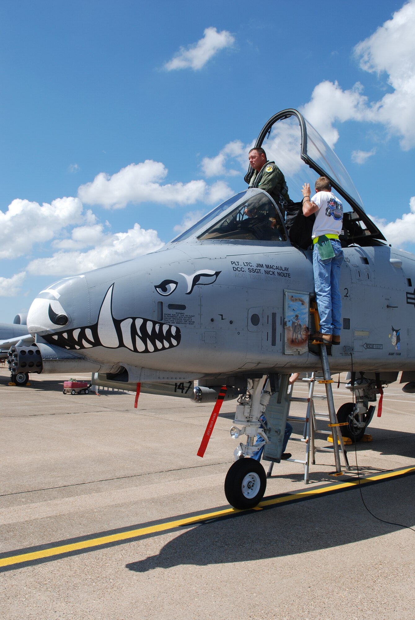 Lt Col James Macaulay, 47th Fighter Squadron commander, returns from a record setting sortie in the A-10 Thunderbolt II. Lt Col Macaulay accumulated a career total of 4,551 flying hours and 2,560 sorties in the A-10 Thunderbolt II on June 13, 2008, 917th Wing, Barksdale AFB, La. (U.S. Air Force photo by Master Sgt. Gregory W. Steele/Released)