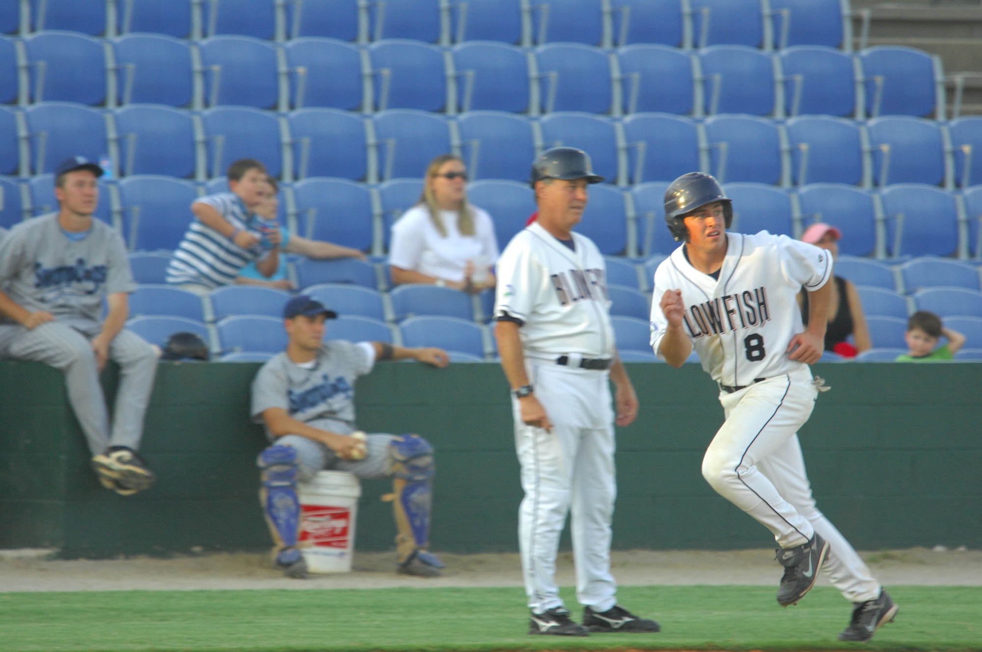 COLUMBIA, S.C. -- Tyler McBride, U.S. Air Force Academy cadet and Columbia Blowfish outfielder, heads for home against the Fayeteville Swampdogs June 17. McBride plays for the Blowfish while serving his 3-week Operation Air Force tour at Shaw AFB, S.C. (U.S. Air Force photo/Staff Sgt. Henry Hoegen)  