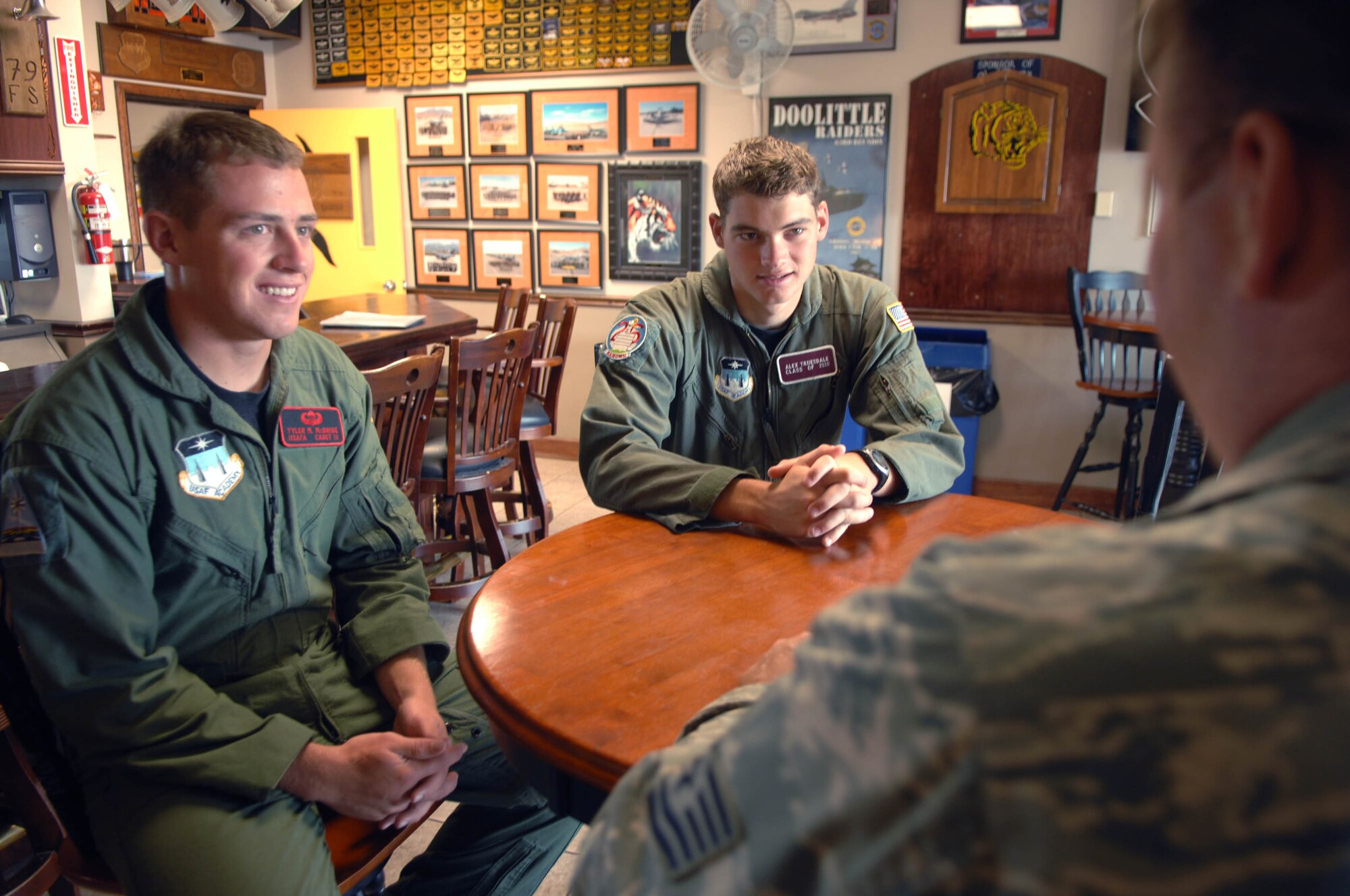 SHAW AIR FORCE BASE, S.C. -- Tyler McBride and Alex Truesdale, U.S. Air Force Academy cadets and Columbia Blowfish teammates, talk about their experince playing for the Blowfish during their 3-week Operation Air Force tour. The cadets also play for the USAFA Falcons baseball team. (U.S. Air Force photo/Staff Sgt. Nathan Bevier) 